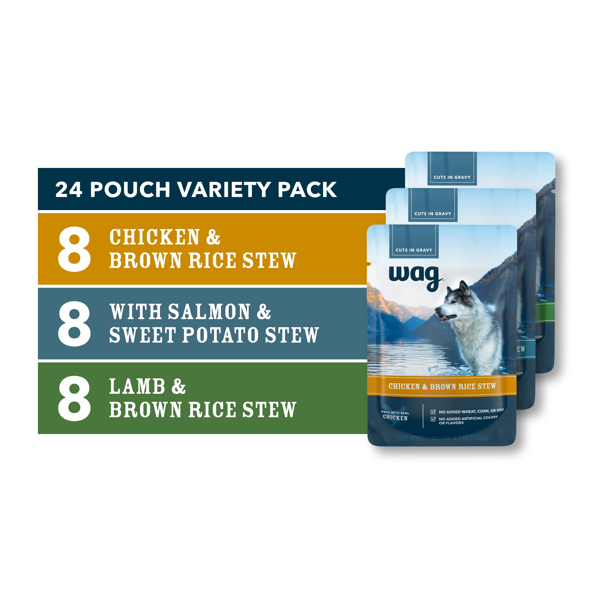 Amazon Brand - Wag Wet Dog Food Topper, Chicken, Lamb, and Salmon Stew in Gravy, 3.5 oz Pouches (Pack of 24)