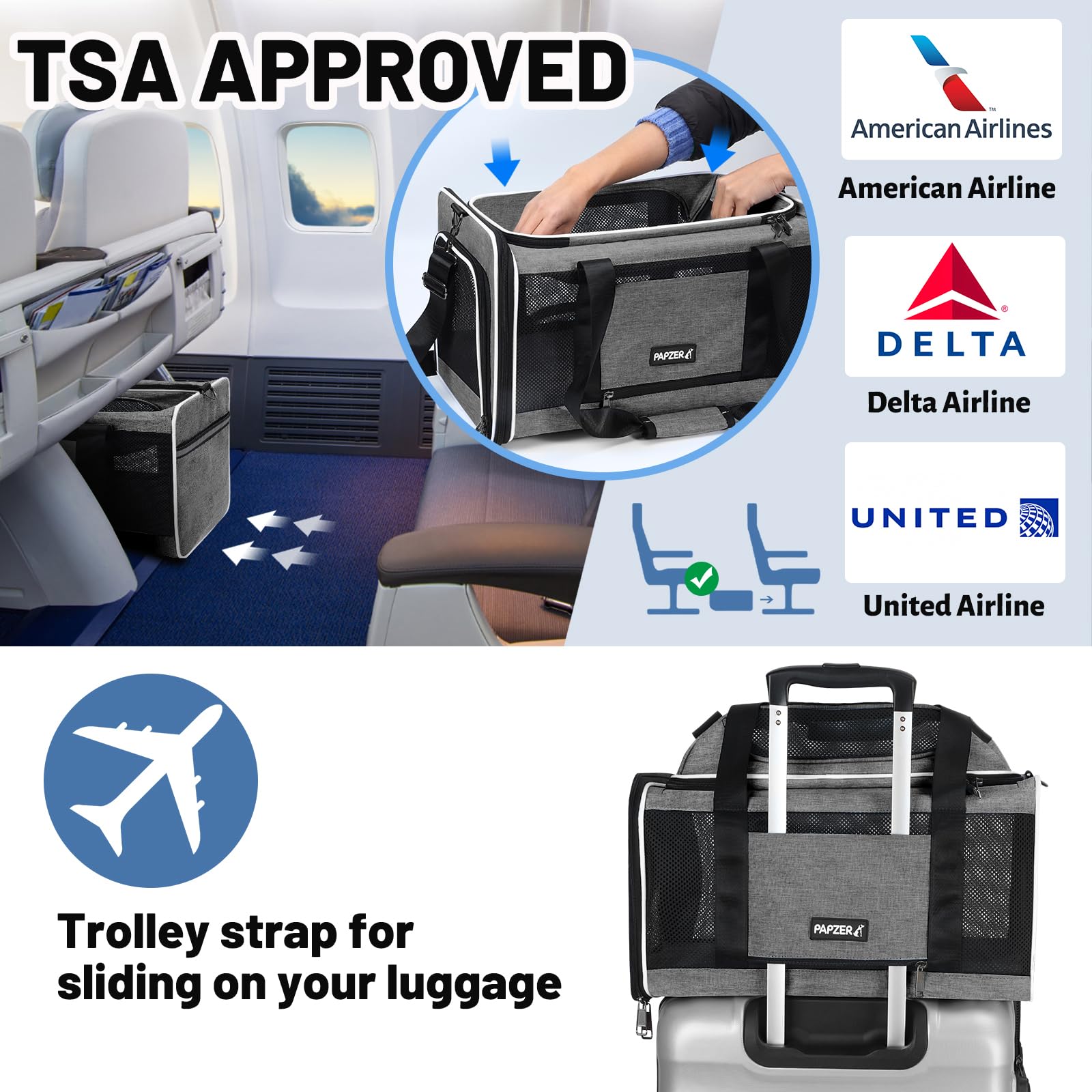 PAPZER Cat Carrier Top-Expandable 18x11x11, United Delta American Airline Approved Dog Carrier, Soft-Sided Pet Carry Bag Under-S