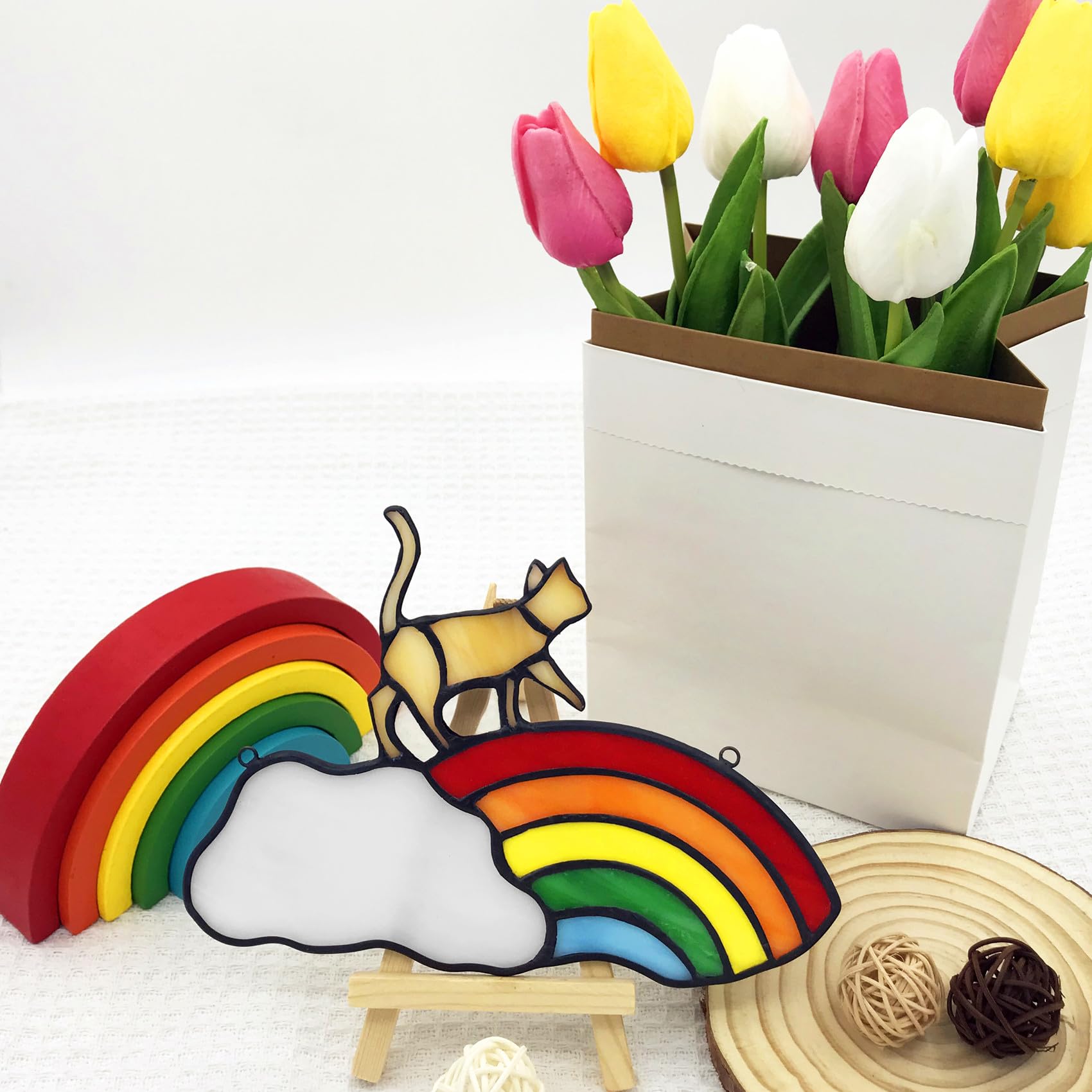 Lcensp Orange Cat Decor Gifts For Cat Lovers, Stained Glass Window Hangings Cat Suncatcher For Window, Pet Cat Memorial Gifts Fo