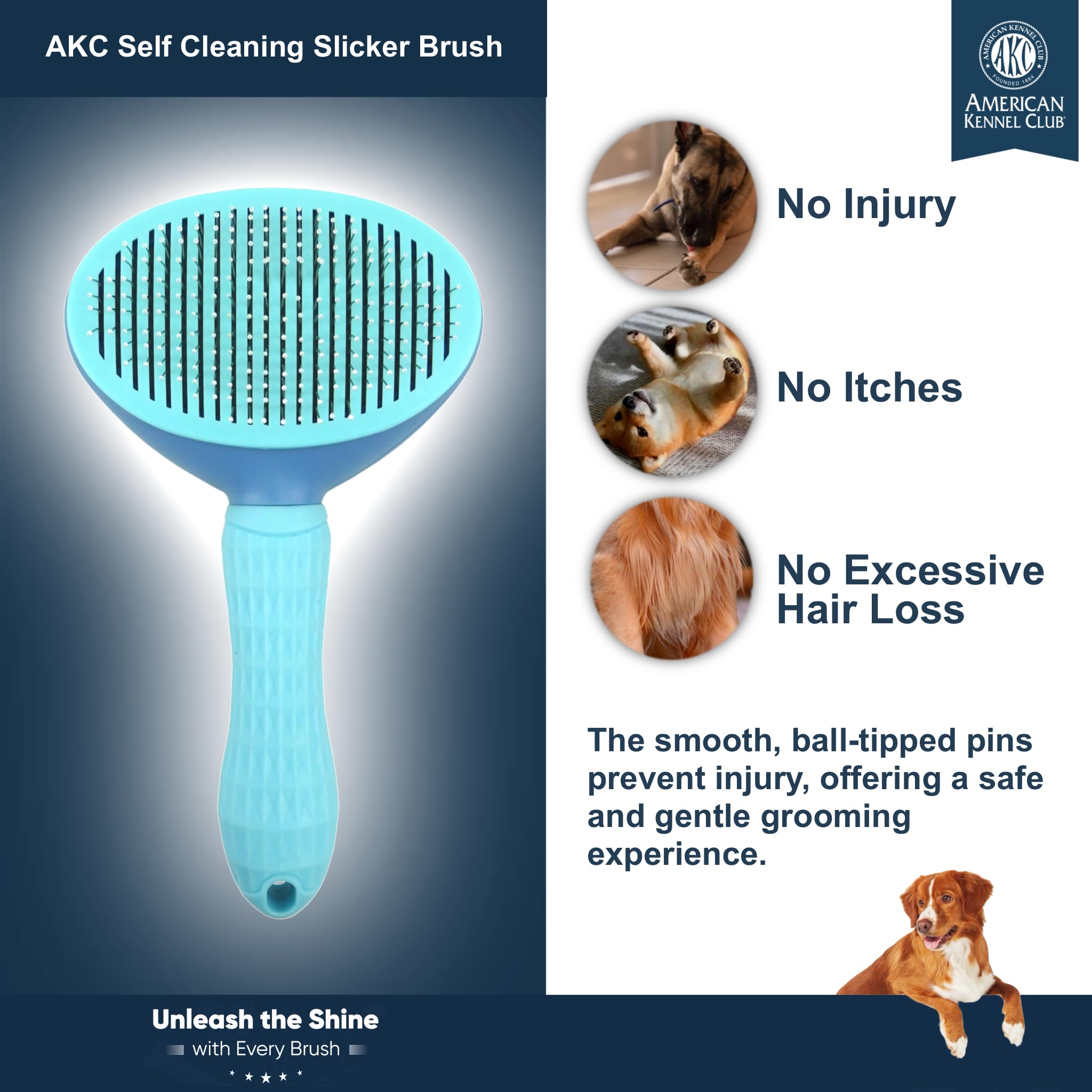 American Kennel Club Akc Self-Cleaning Pet Grooming Slicker Brush For Cats And Dogs, All Breeds And Coat Types