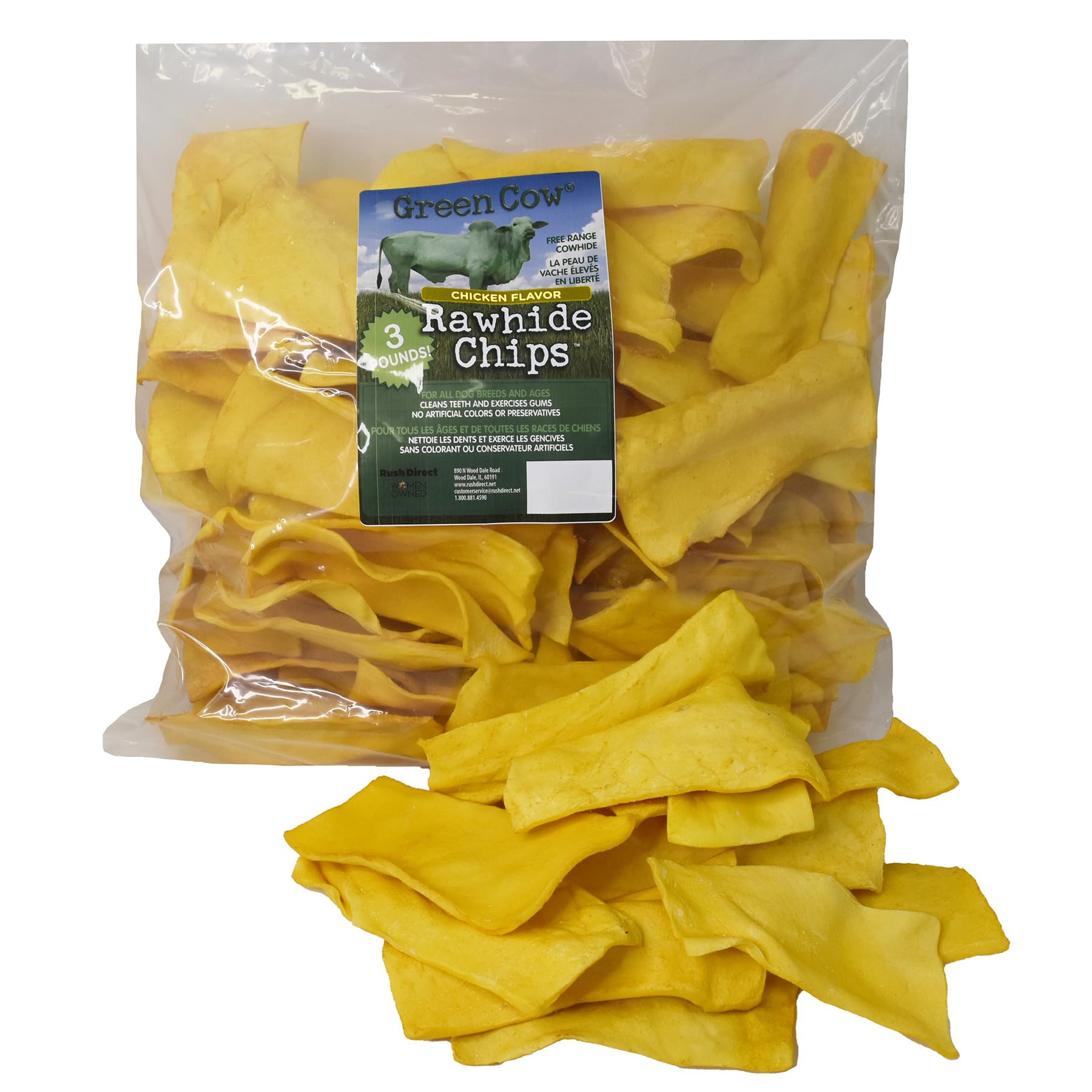 GreenCow Rawhide Chips Chicken Flavor 3-Pound Bag - Premium Large Dog Rawhide Chews - Ideal for Agressive Chewers Dog Rawhide Tr