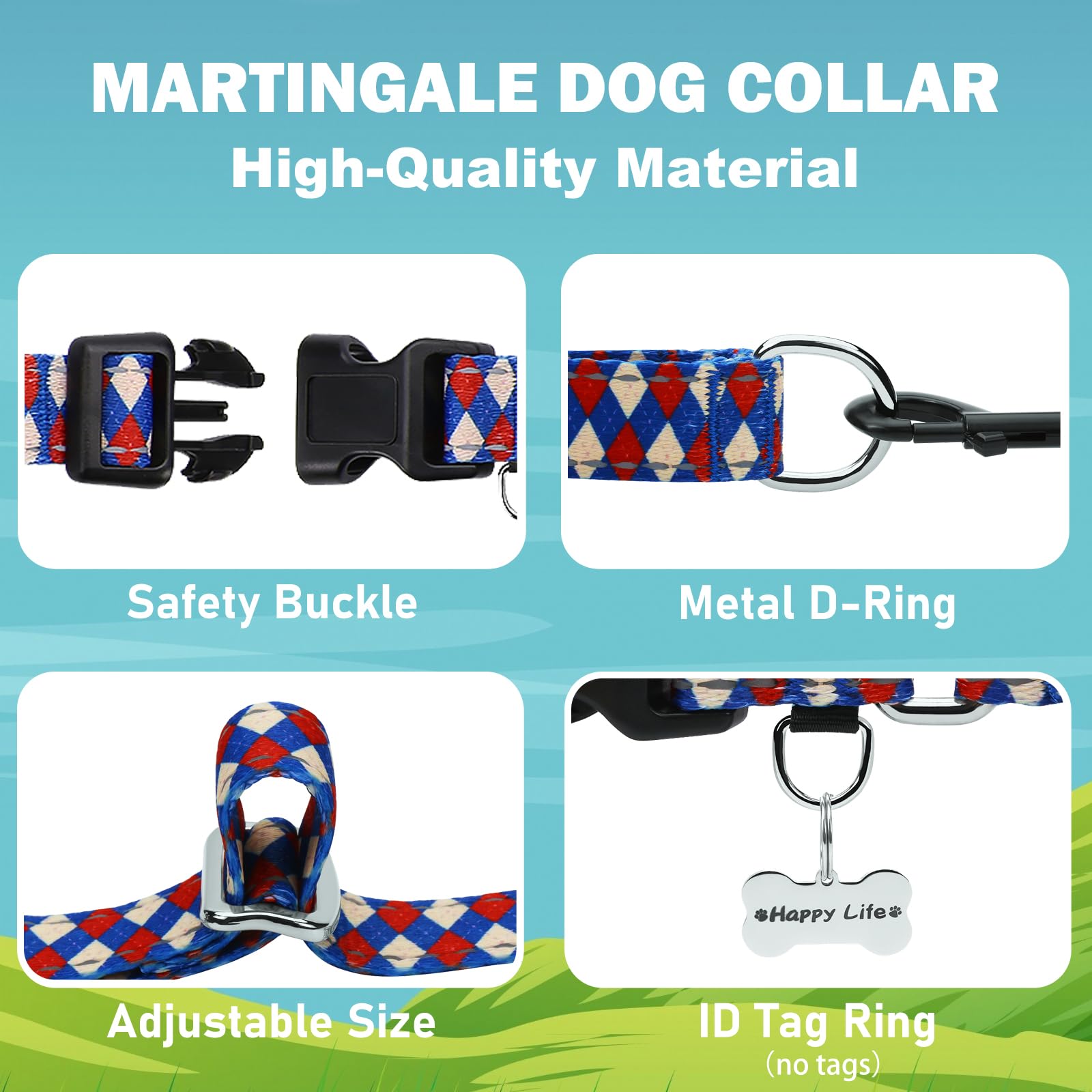 Fidohug Reflective Martingale Dog Collar With Buckle Soft Nylon Geometric Patterns Pet Collars For Large Dogs (Argyle, L)
