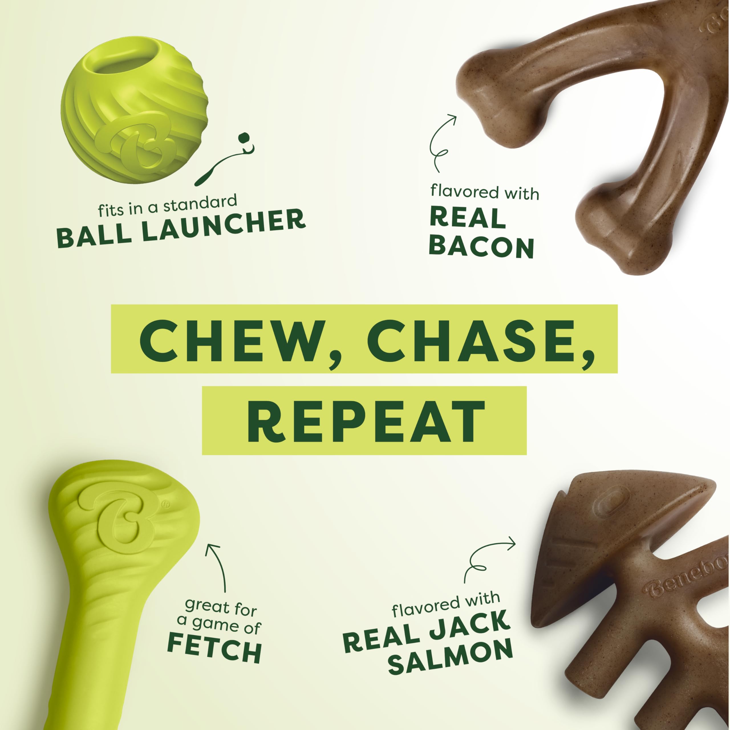 Benebone 4-Pack Ball/Bone/Bacon Wishbone/Fishbone Medium