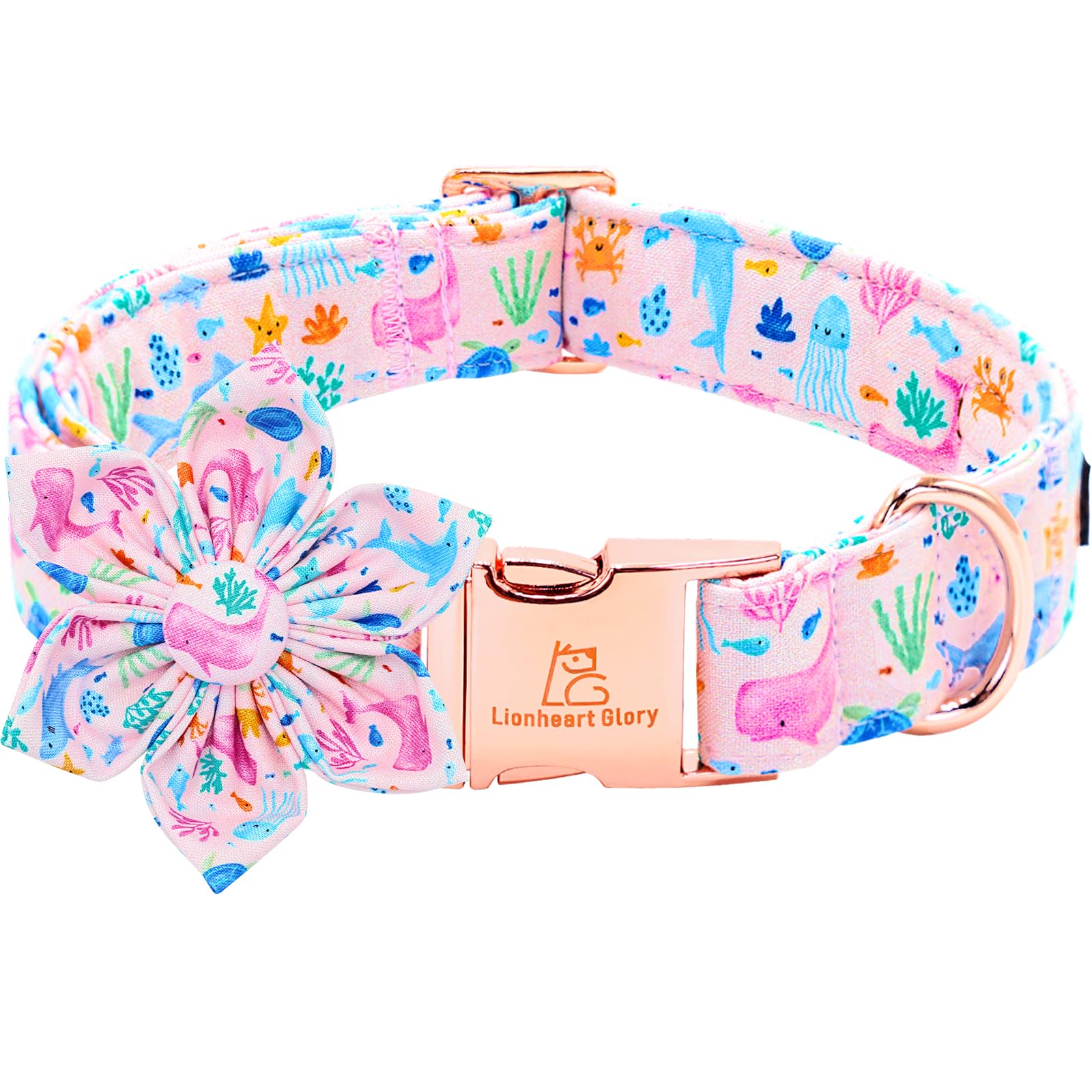 Lionheart Glory Dog Collar Flower Collar Pink Dog Collars With Flower Summer Cute Sea Animals Print Collar Dog Female Soft Durab