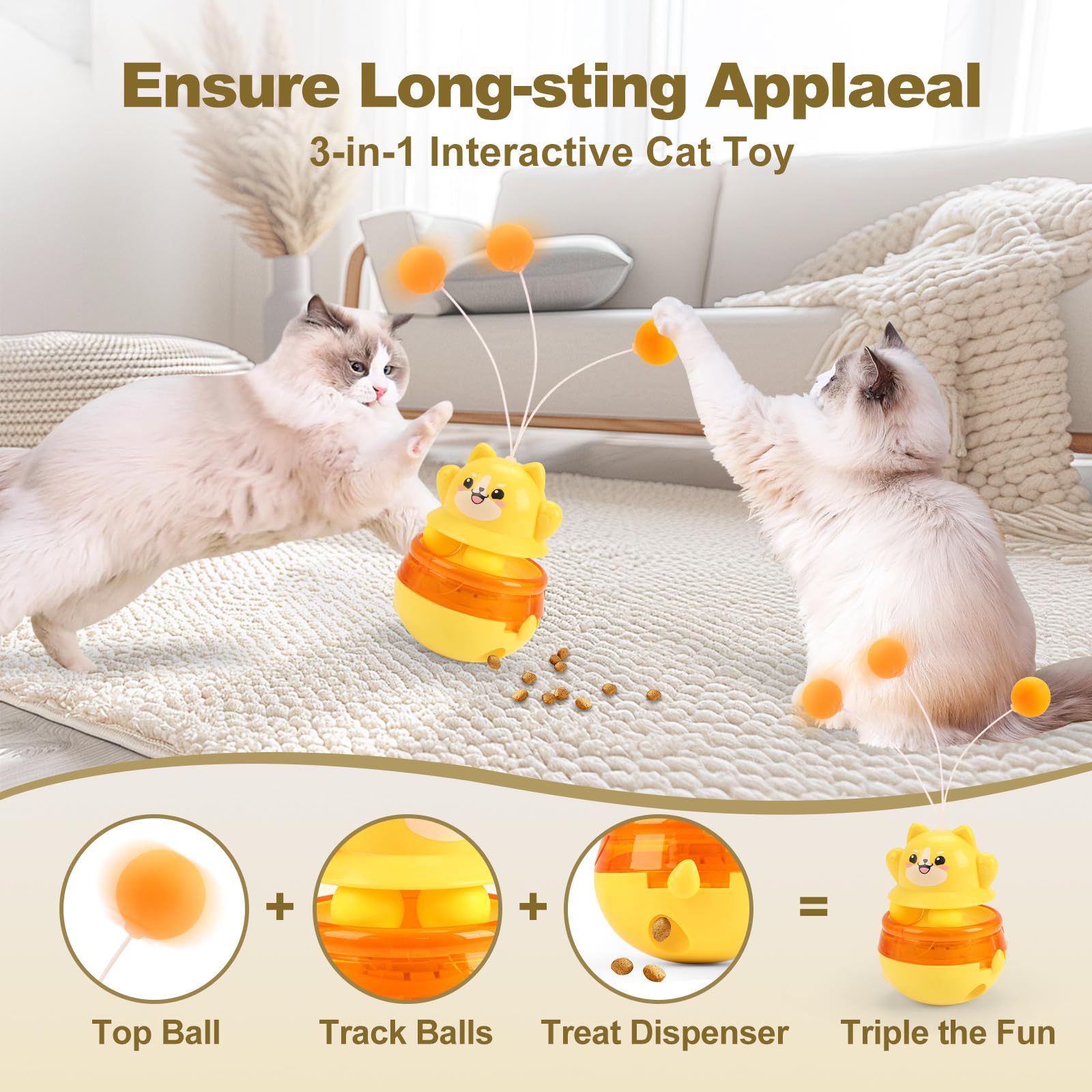 DONHUCHEP Interactive Cat Wobble Toy with Teaser Wand, Treat Dispensing Puzzle Feeder (No Treats Included), Enrichment Toy for I