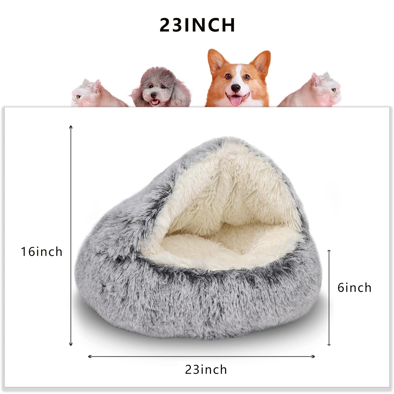 Shinhye Cat Bed Round Plush Fluffy Hooded Cat Bed Cave, Cozy For Indoor Cats Or Small Dog Beds, Soothing Pet Beds Doughnut Calm Anti-Nxiety Dog Bed - Waterproof Bottom Washable, (23×23Inch, Grey)