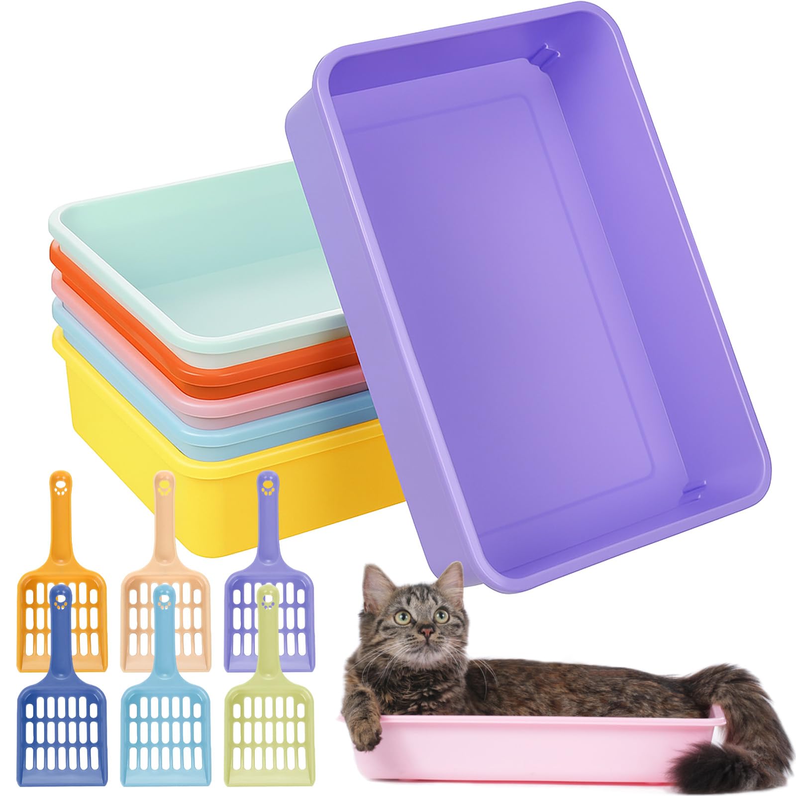 6 Set Small Cat Litter Box Kitten Litter Pan 12.3 x 8.5 x 2.7 Rabbit Plastic Litter Tray with 6 Scoop for Easy Cleaning, Hamster