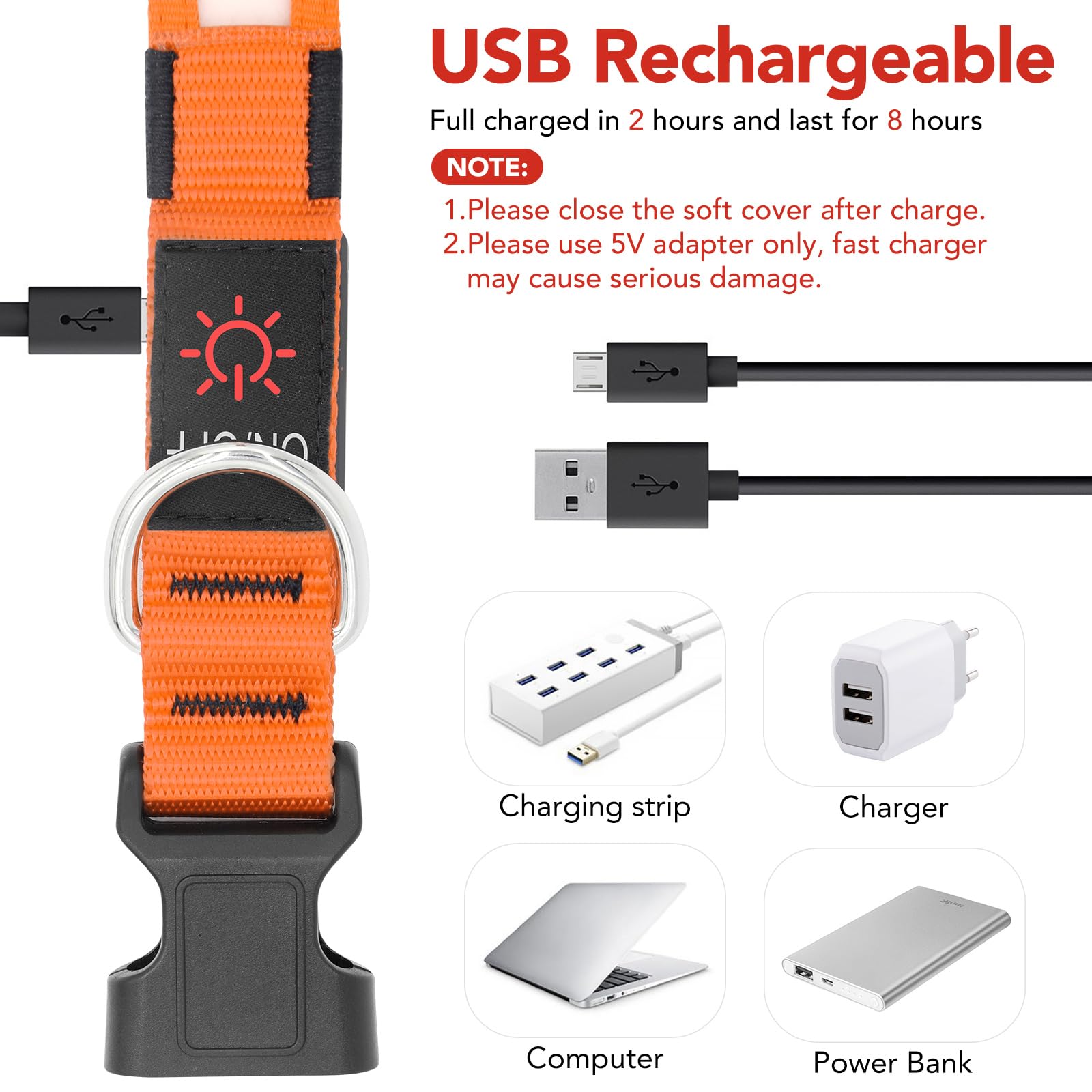 Vizpet Led Dog Collar, Light Up Dog Collar Adjustable Usb Rechargeable Super Bright Safety Light Glowing Collars For Dogs(Medium,Orange)