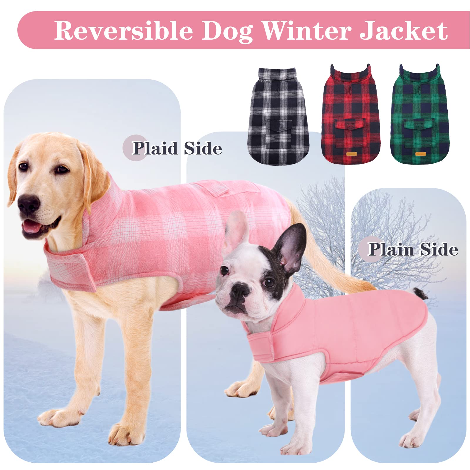 Kuoser Dog Winter Coat, Reversible Dog Jacket, Warm Dog Coat British Style Puppy Cold Weather Coat, Windproof Dog Clothes Dog Vest For Small Medium And Large Dogs Pink 3Xl