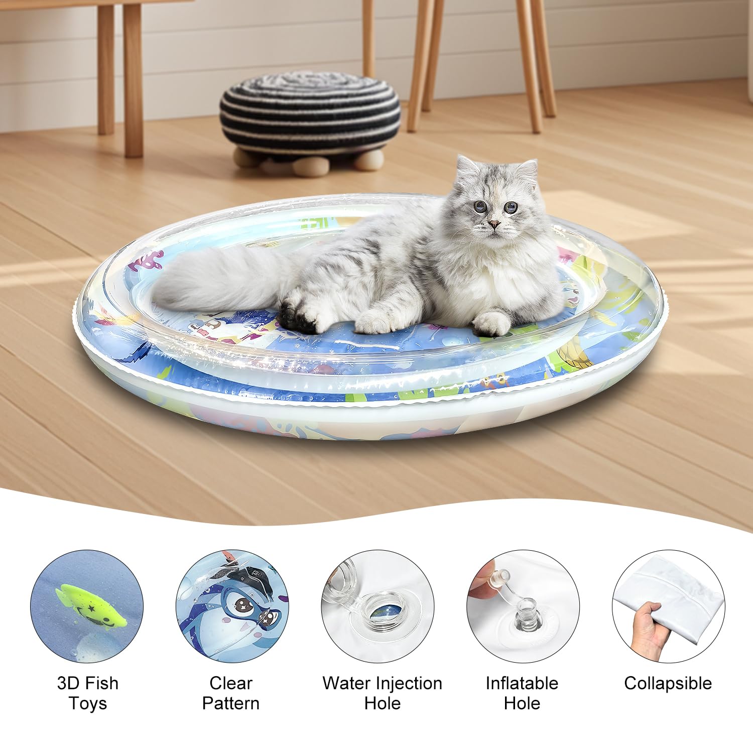 Baoyemes Cat Dog Water Mat, [2025 Newly Upgraded, Two Layers & Thickened] Ocean Themed Round Sensory, Non-Slip Playmat, Floating