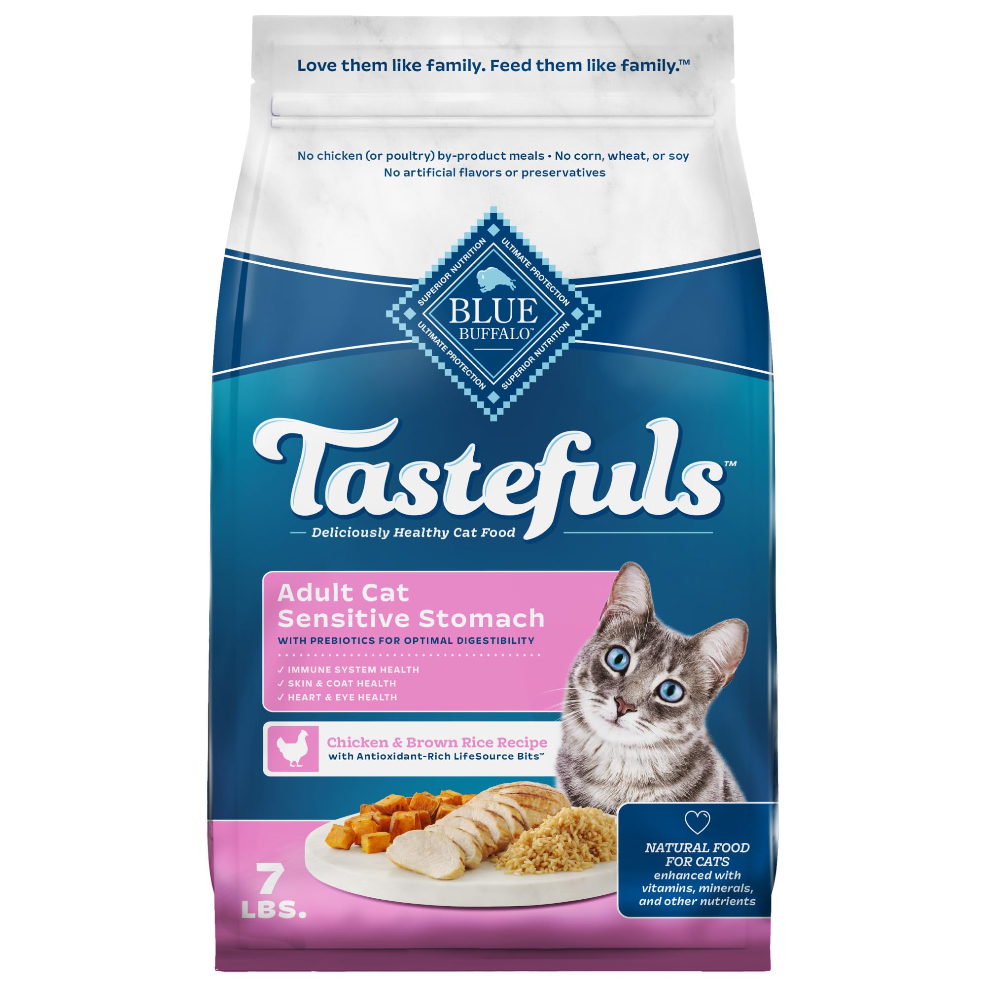 Blue Buffalo Tastefuls Adult Dry Cat Food Sensitive Stomach Formula, Made in the USA with Natural Ingredients, Chicken Recipe, 7