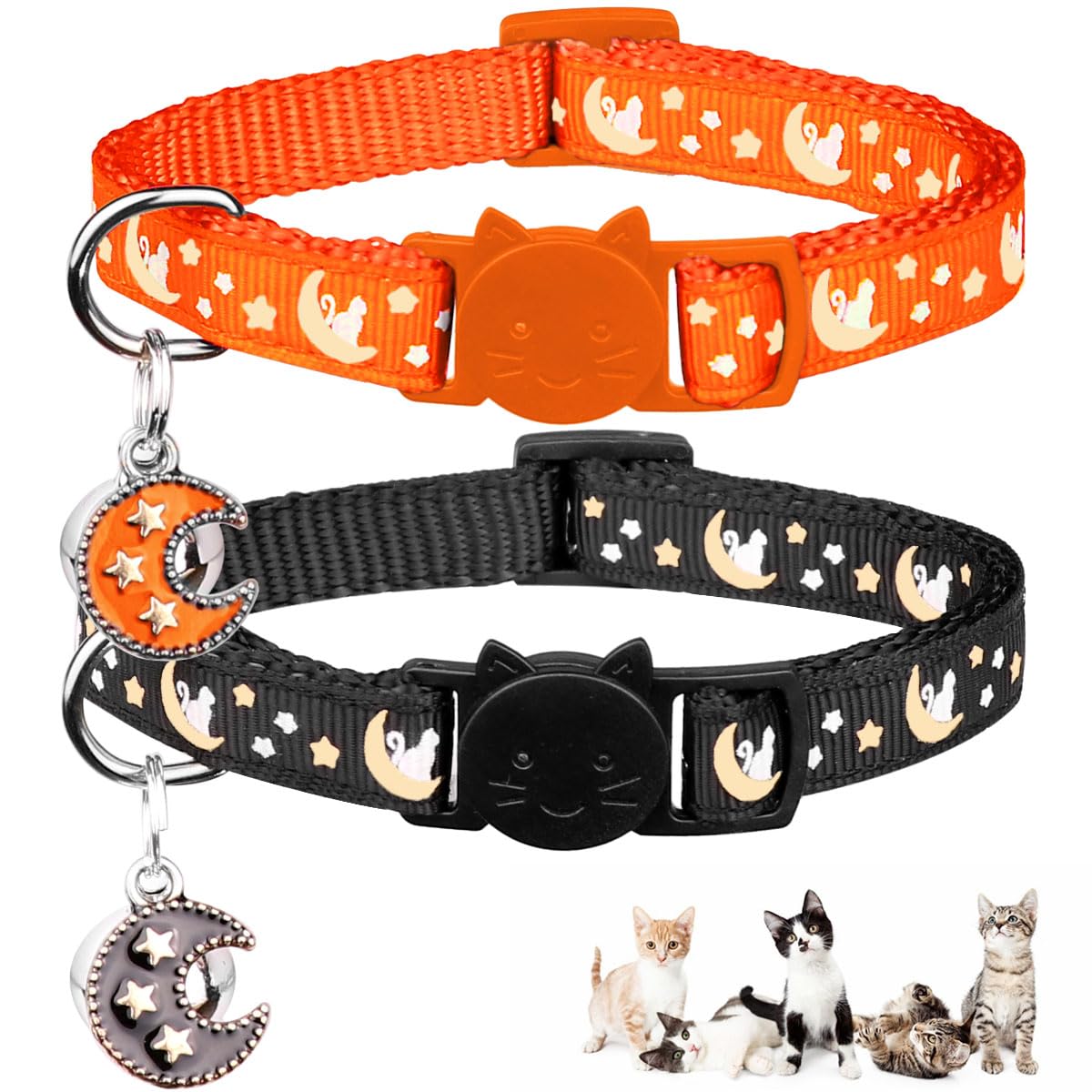 2Pcs Breakaway Cats Collars Cat Collars For Boy & Girl Cats Adjustable Kitten Collars With Bell,Black+Tangerine