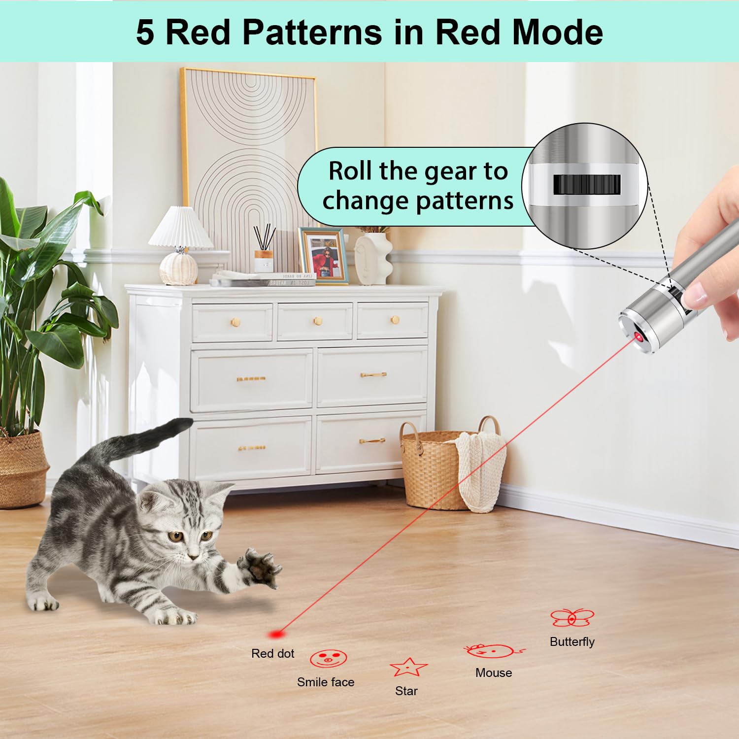 Tbteek Cat Toys, Usb Rechargeable Kitten Toy, 3 Light Modes & 5 Adjustable Patterns, Portable Interactive Pet Dog Cat Mouse Toy