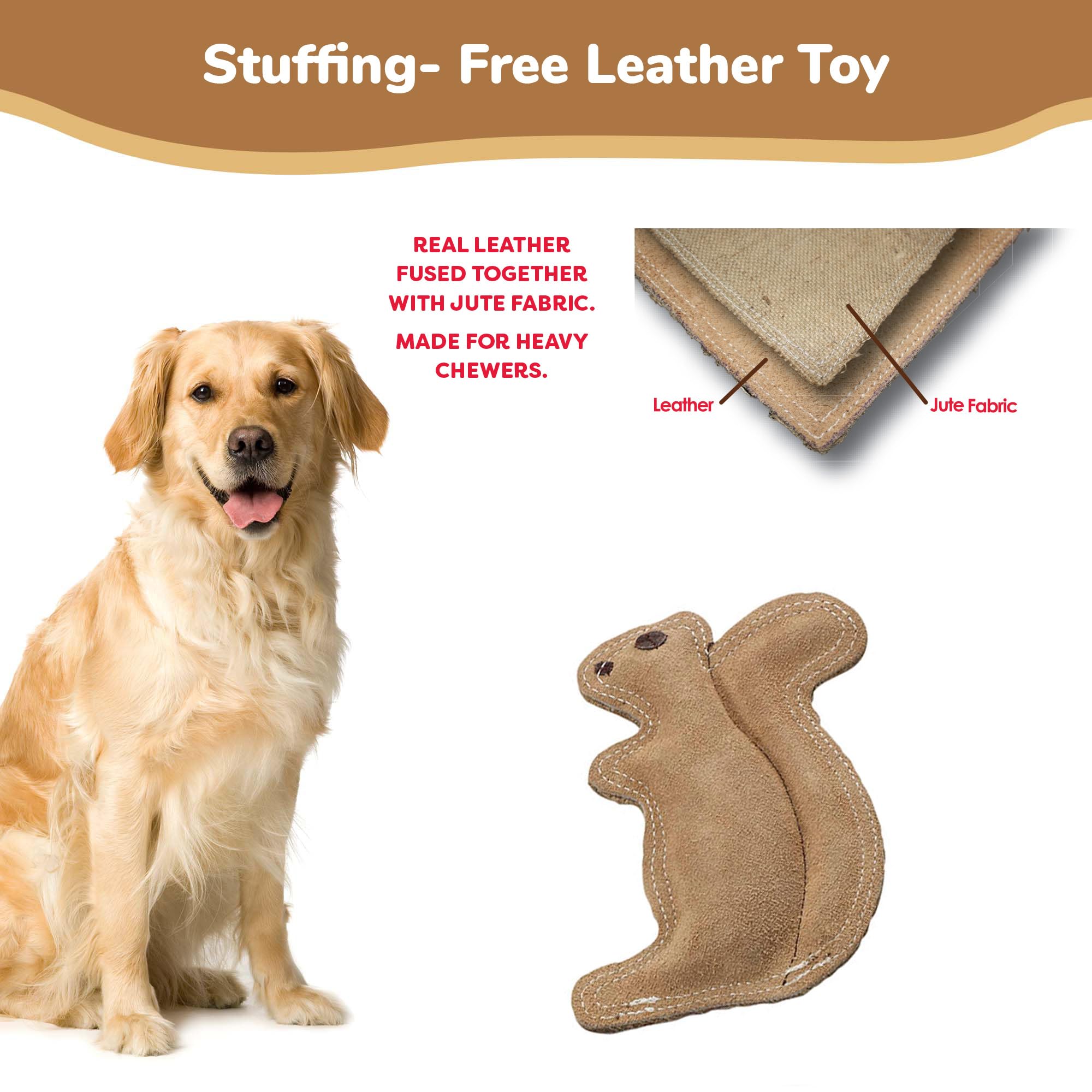 Spot Dura-Fused Leather Squirrel - Dog Toy With Squeaker, Made With Real Leather And Jute Fabric, Interactive Toy For Aggressive Chewers, Durable Squeaky Toy For Dogs And Puppies, 8 Inch