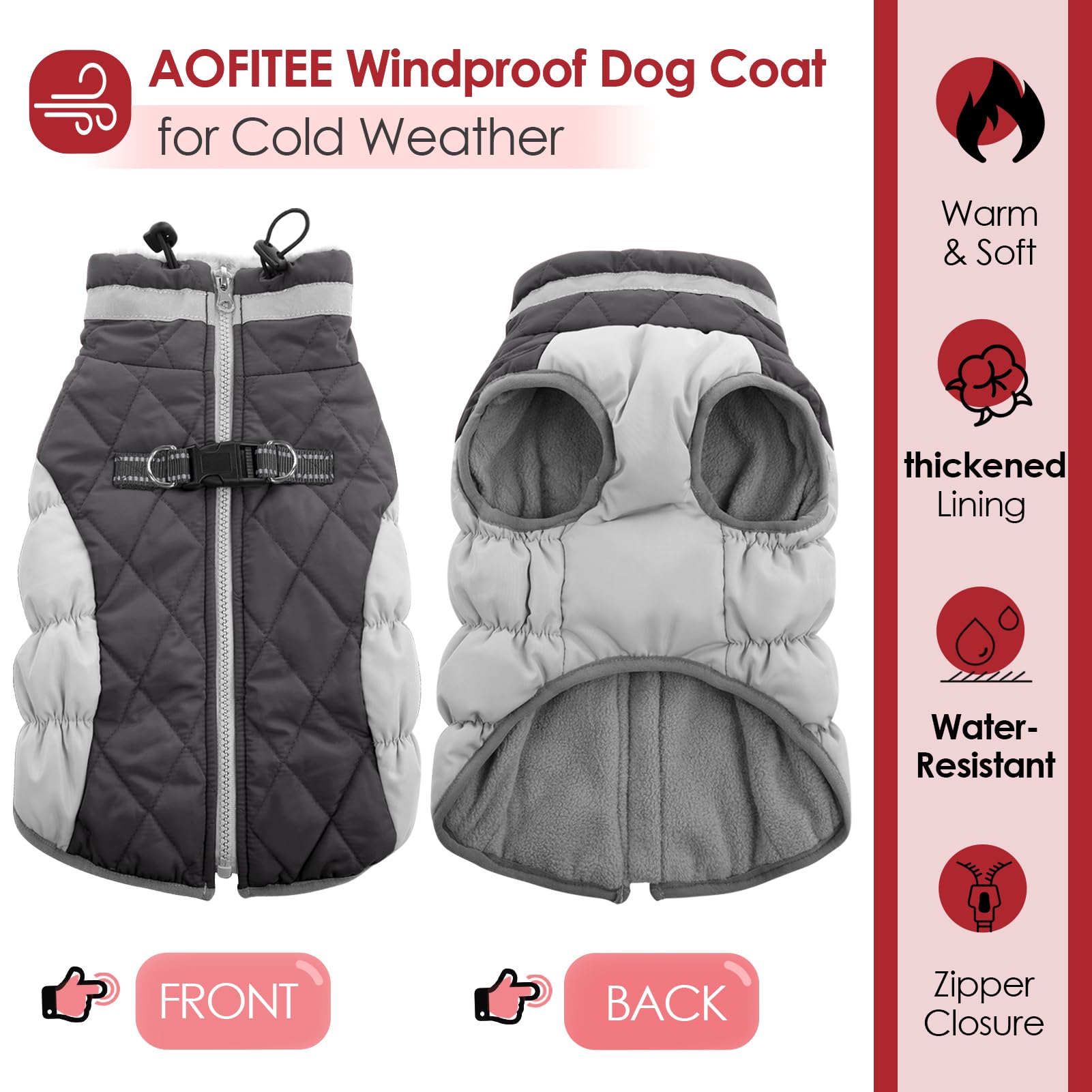 Aofitee Winter Dog Coat Warm Fleece Dog Jacket For Cold Weather, Reflective Zip Up Puppy Dog Padded Vest With Leash Rings, Outdoor Pet Sweater Snowsuit Apparel For Small Medium Large Dogs, Grey Xs