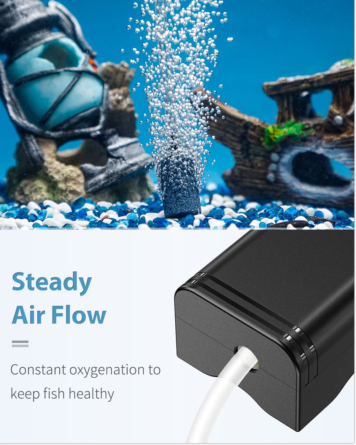 Pawfly Mini Aquarium Air Pump for 3-20 Gallon Nano Fish Tanks 15 GPH Oxygen Aerator Pump with Bracket Airline Tubing Air Stone C