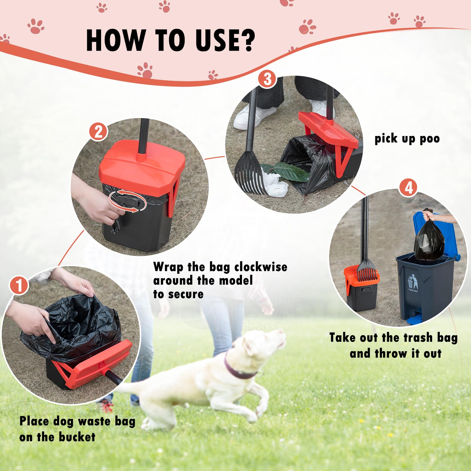 Timingila 36'' Pooper Scooper Swivel Bin & Rake With 100 Dog Poop Bags,Adjustable Long Handle For No-Bend Cleanup,Portable Non-B