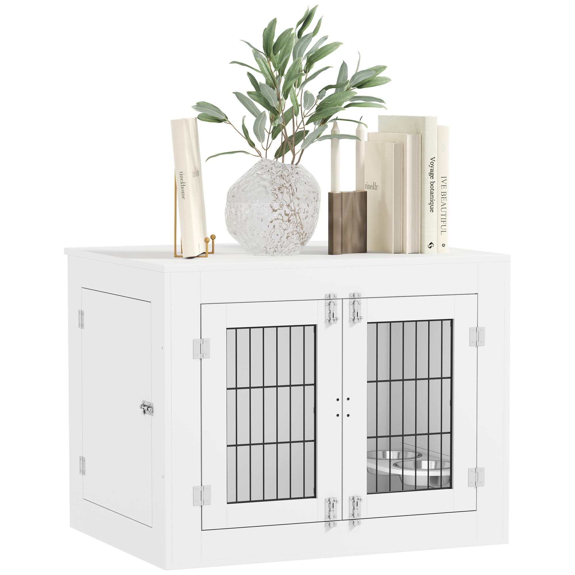 PawHut Dog Crate Furniture w/ 360 Rotatable Removable Dog Bowls, Dog Kennel Furniture w/Two Doors, Non-Slip Foot Pads, Furniture