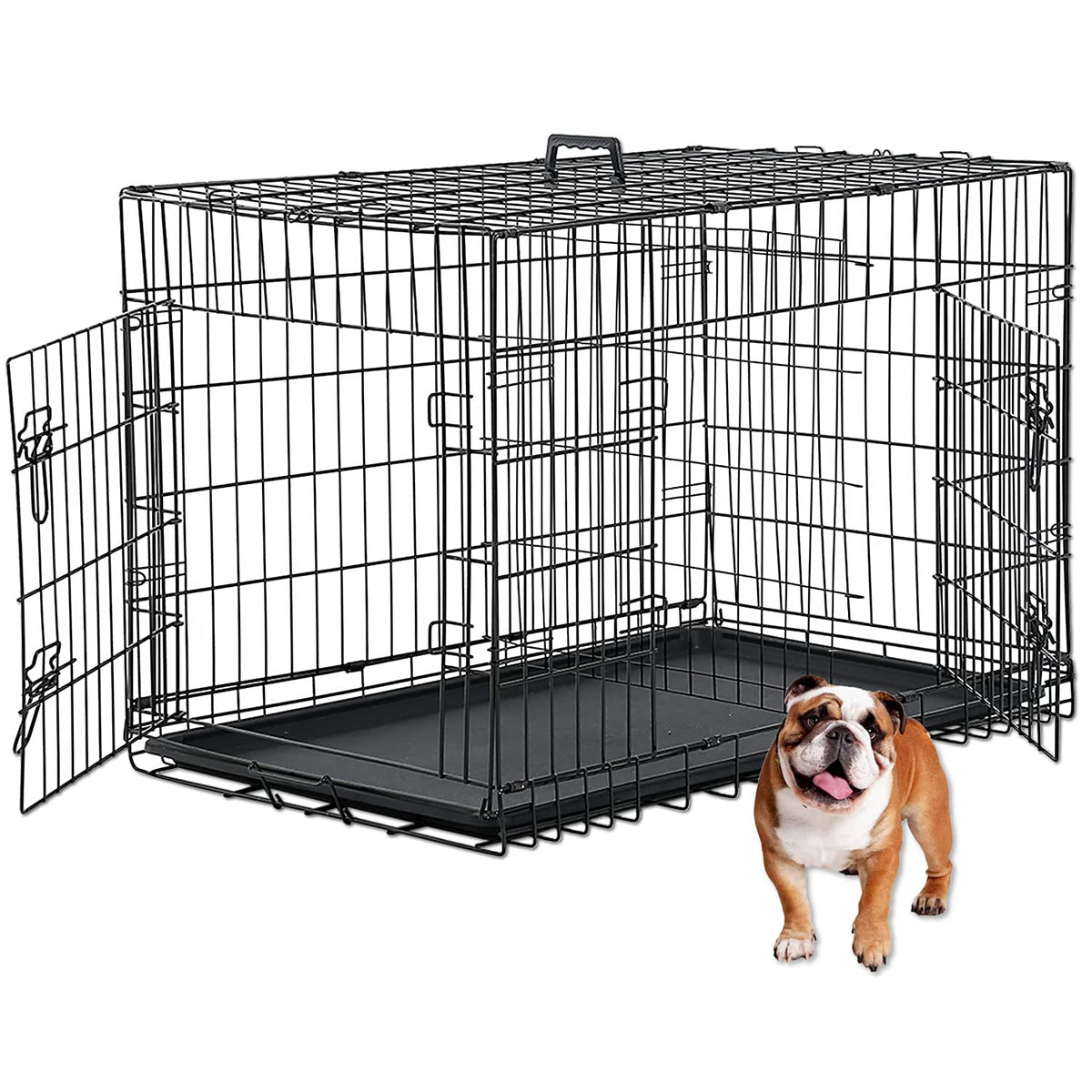 Hcy, Dog Crate, Dog Kennel 48 Inch Double Door Metal Crate Foldable Puppy Supplies Cage With Divider Panel, Handle, Plastic Tray
