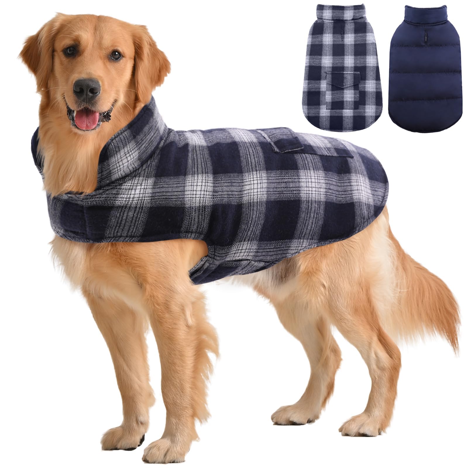 Kuoser Reversible Dog Jacket, Warm Winter Coat, Windproof Dog Clothes, Dark Blue Xl