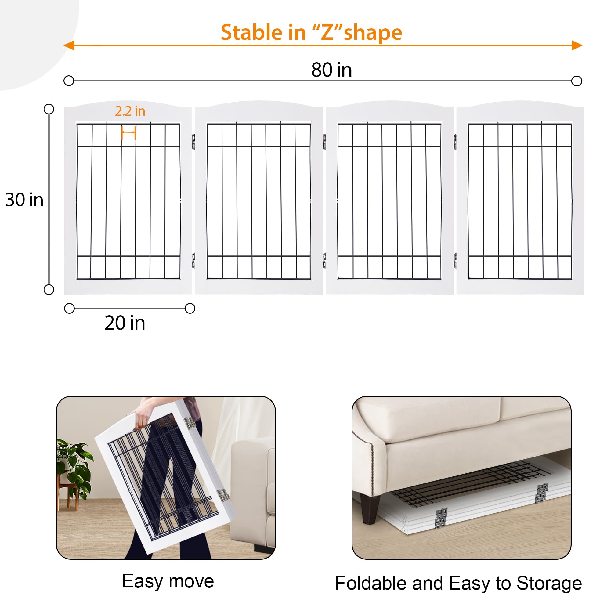 LZRS Wooden Dog Gate - 30" Tall Foldable Pet Barrier, Extra Wide 4 Panels, Chew-Resistant, White