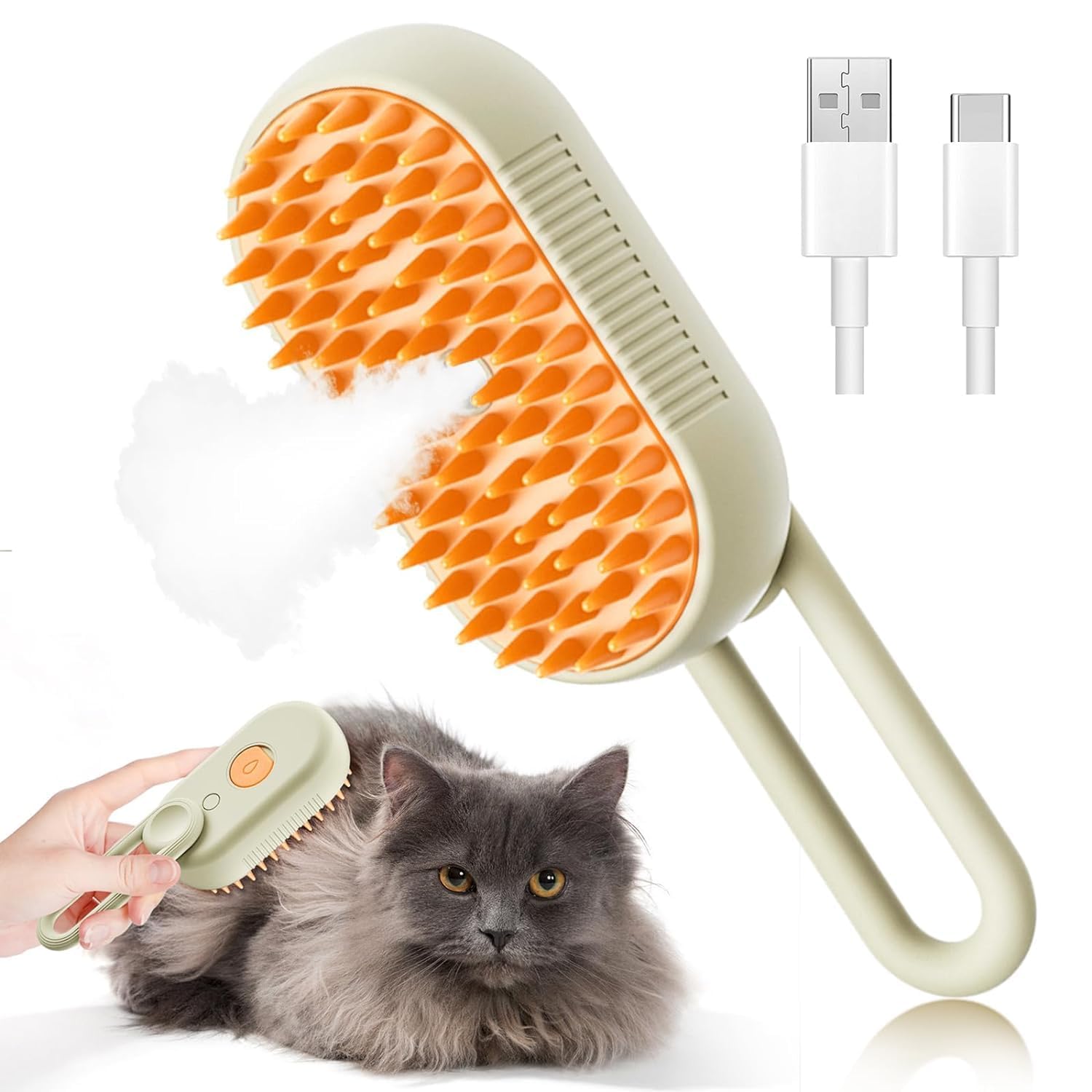 Exomoon 3 In 1 Electric Pet Steam Brush,Touch Spray Pet Hair Removal, 360Rotating Handle Cat Brush With Steam Silicone Massage C
