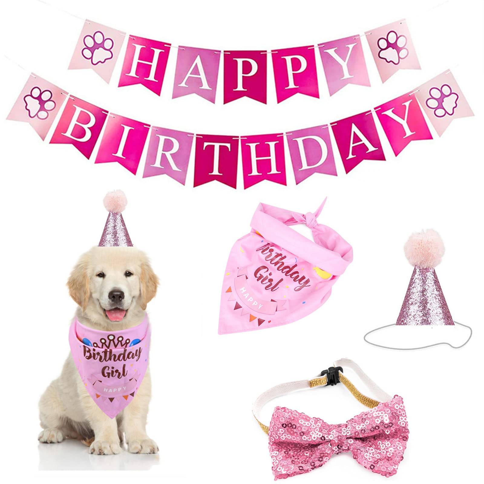 Dog Birthday Party Supplies-Dog Birthday Set With Dog Bandanas,Dog Hat，Dog Collar And Birthday Banner,Dog Party Decorations For Small Medium Large Dog Pet. (Pink)