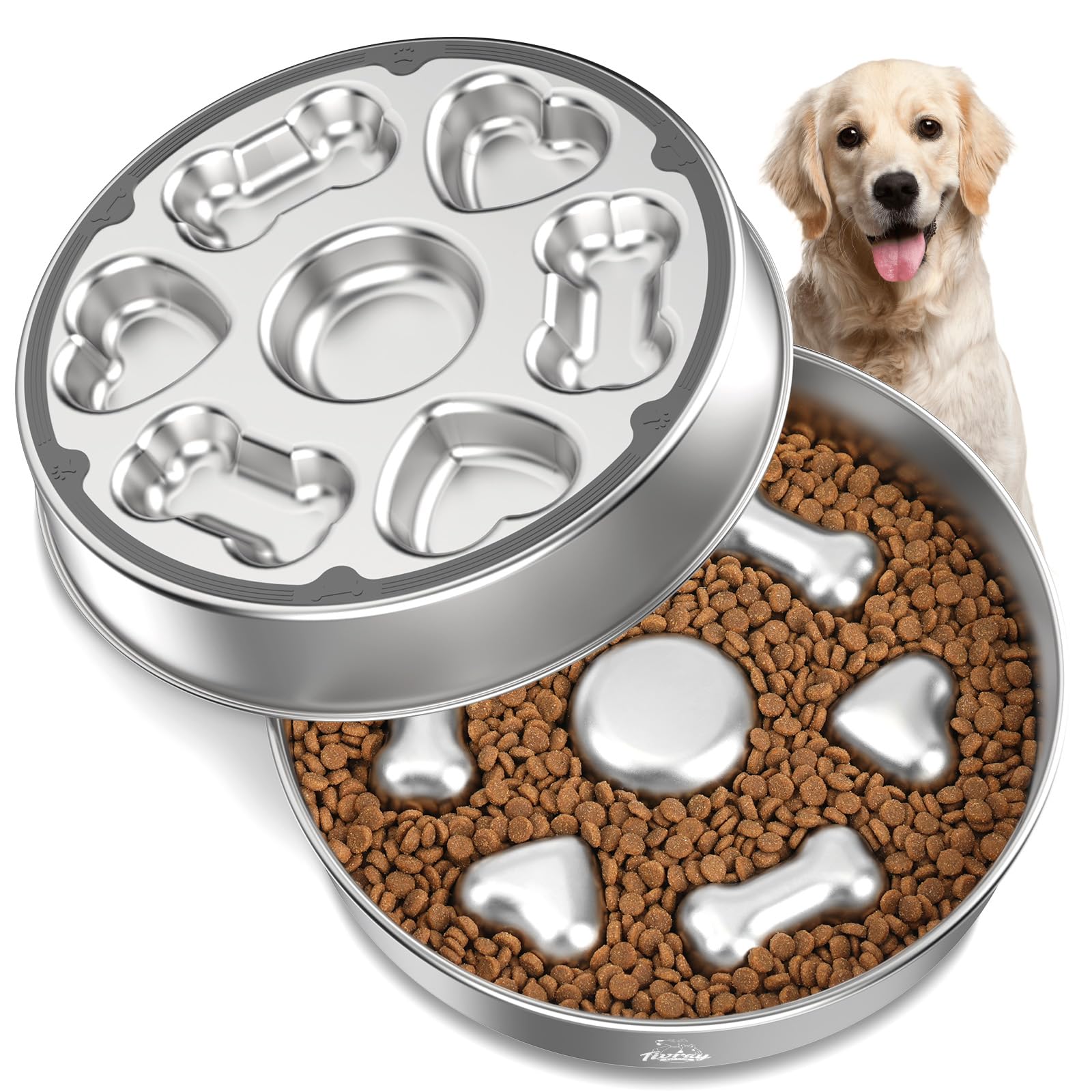 Tivray Slow Feeder Dog Bowls, 304 Stainless Steel Slow Feeder Bowl 5 Cups Metal Pet Food Bowl with Non-Slip Base for Medium & La