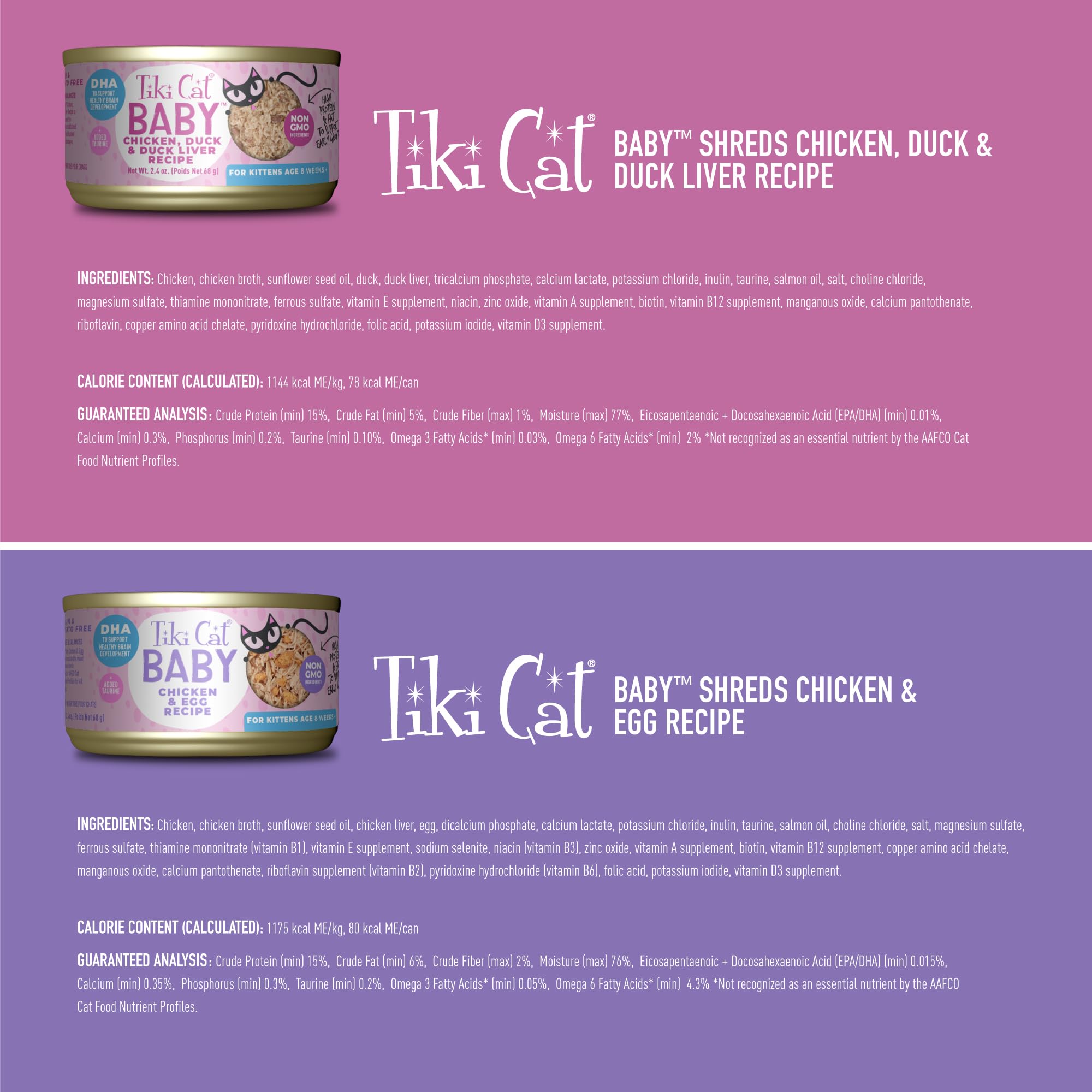 Tiki Cat Baby, Shreds Variety Pack, High-Protein and Flavorful, Wet Cat Food for Kittens 8 Weeks Plus, 2.4 oz. Cans (Pack of 12)