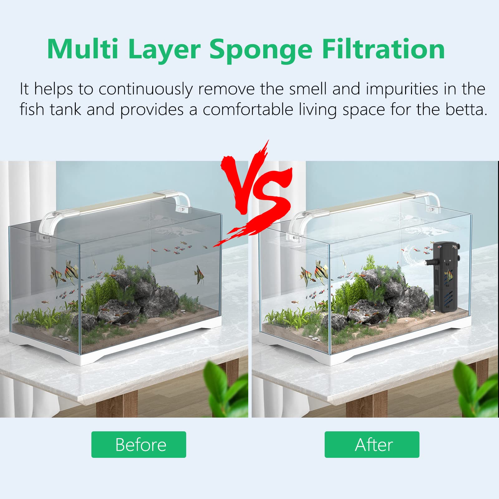 Aquarium Filter, Insputer 8W Turtle Tank Filter With 2 Sponge Filtration, 200 Gph Adjustable Submersible Fish Filters For 10-50 Gallo Pond Freshwater