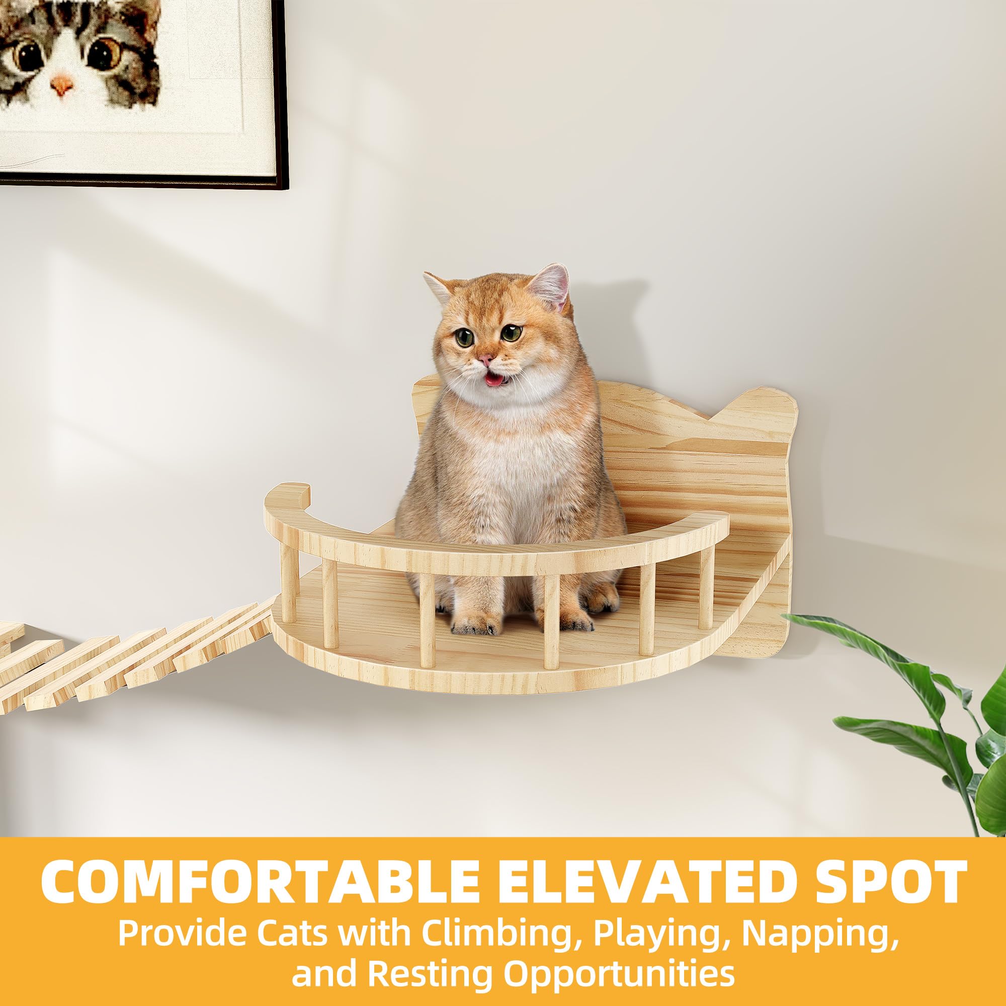 Homiflex Cat Wall Shelves Set of 9, Burlywood Wooden Cat Furniture with Scratching Post, House, Condo, Bridge Ladder for Multiple Cats