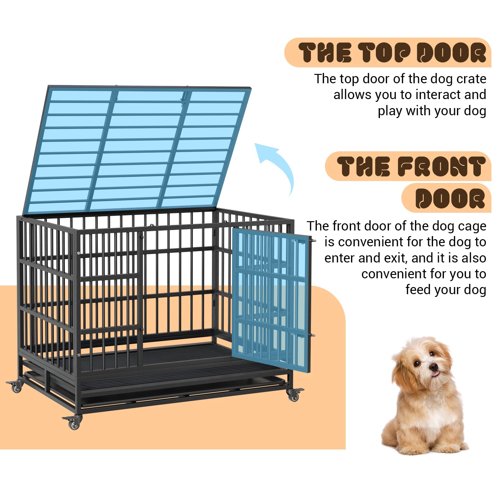 Heavy Duty Dog Crate, 42.5 Inch Indoor Dog Crate with Double Door, 360 Lockable Wheels and Removable Tray, Easy to Assembly,for
