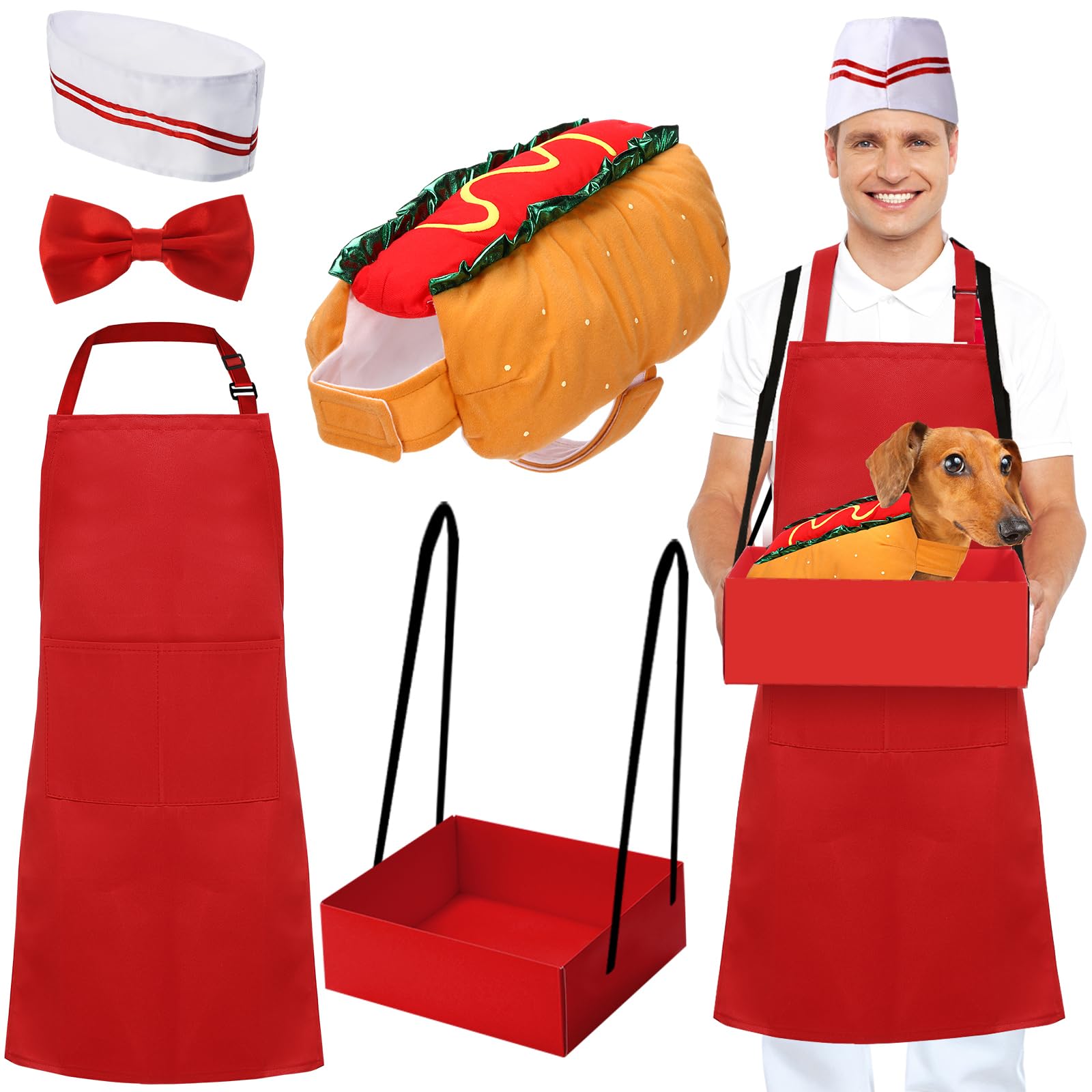 Vinsatin 5 Pcs Adult Waiter Costume with Hot Dog Pet Costume, Soda Jerk Popcorn 50s Circus Halloween Party Cosplay(Red,Small)