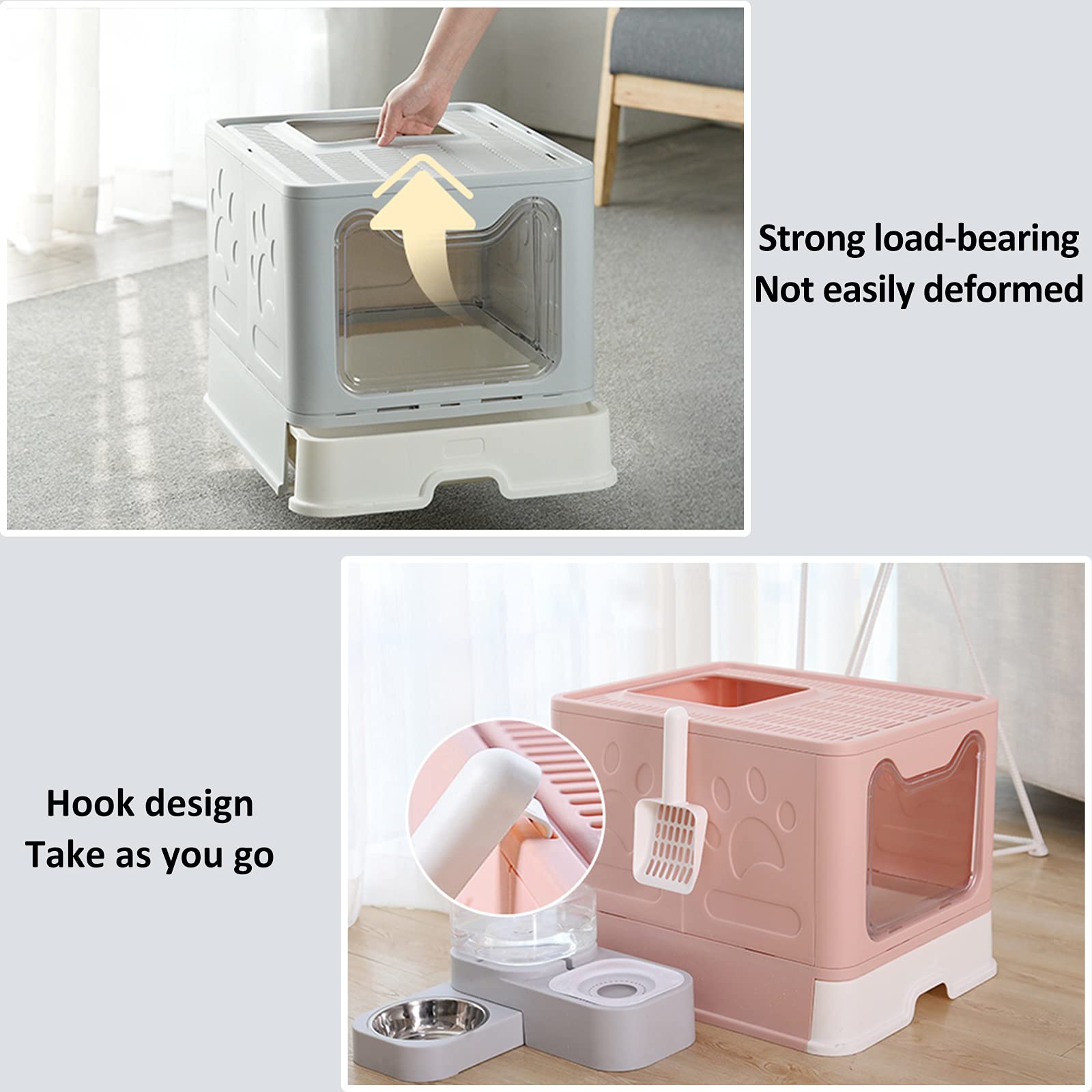 Panghuhu88 Foldable Cat Litter Box With Lid, Large Top Entry Cat Toilet, Enclosed Cat Potty Include Cat Litter Scoop, Drawer Type Easy Clean Cat Litter Pan (Grey, 20' L X 16' W X 15' H)