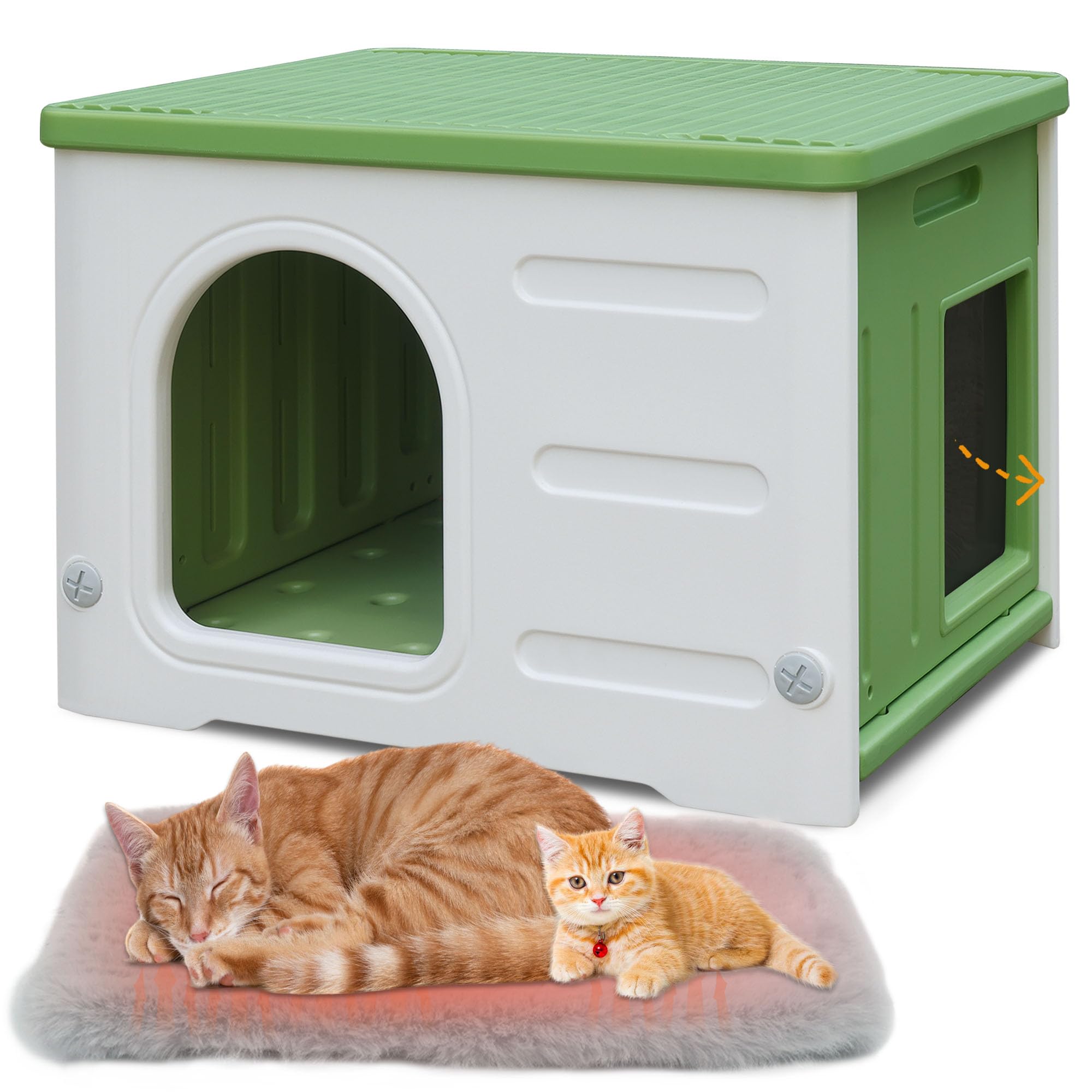 Waterproof Cat House For Outdoor Cats, Plastic Feral Cat House With Escape Door And Soft Mat, Large Indoor Cat House For Mutiple