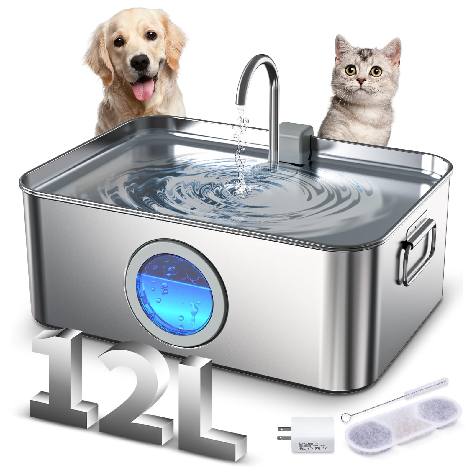 Dog Water Fountain Stainless Steel 12L/410Oz/3.2Gal, Dysj01 Ultra Quiet Pet Water Fountain For Large Dogs Cats & Multi-Pet Home 