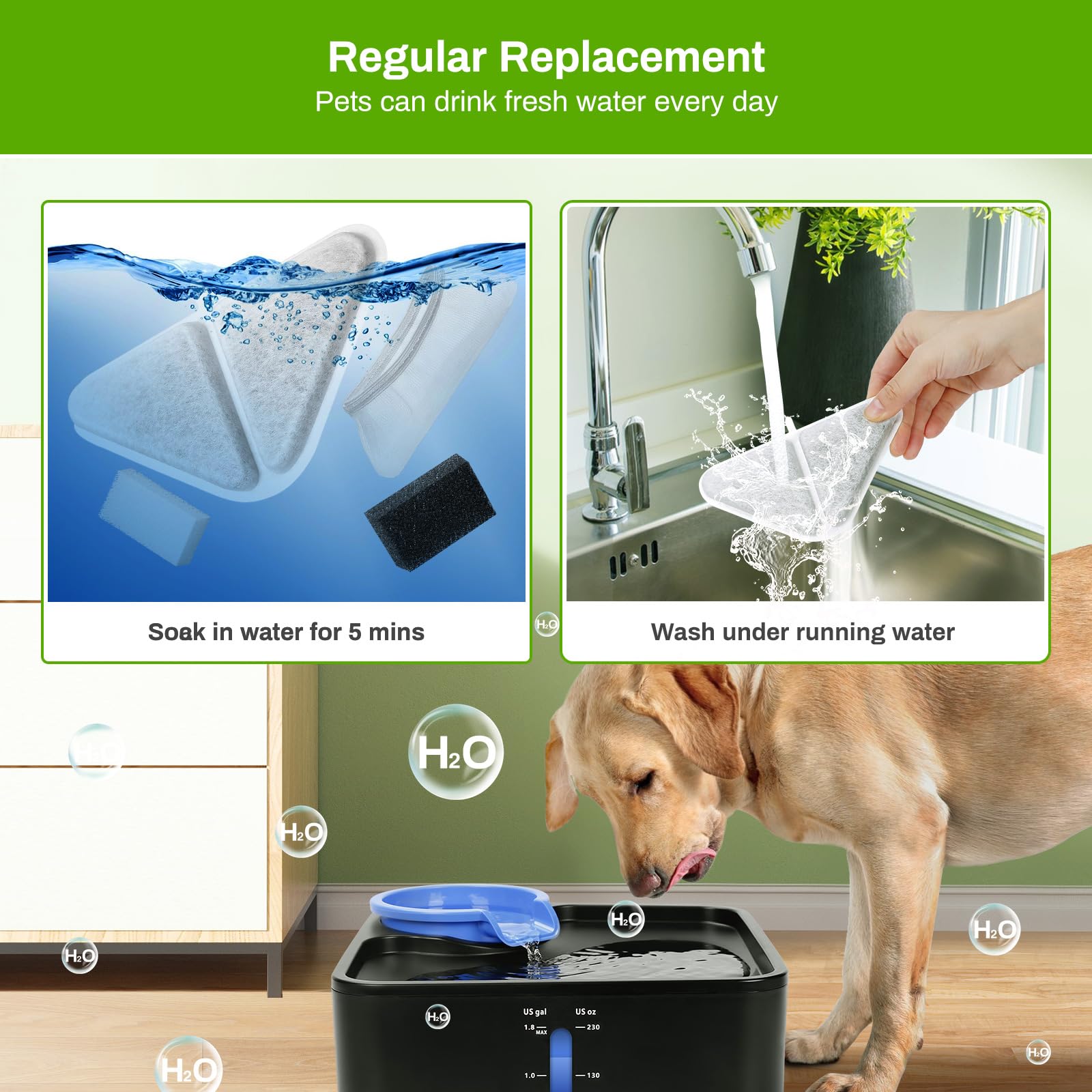 6 Pack Replacement Filters for 230oz Dog Water Fountain, Water Fountain Filter Replacement for 5 Layers Filtration System 7L Pet