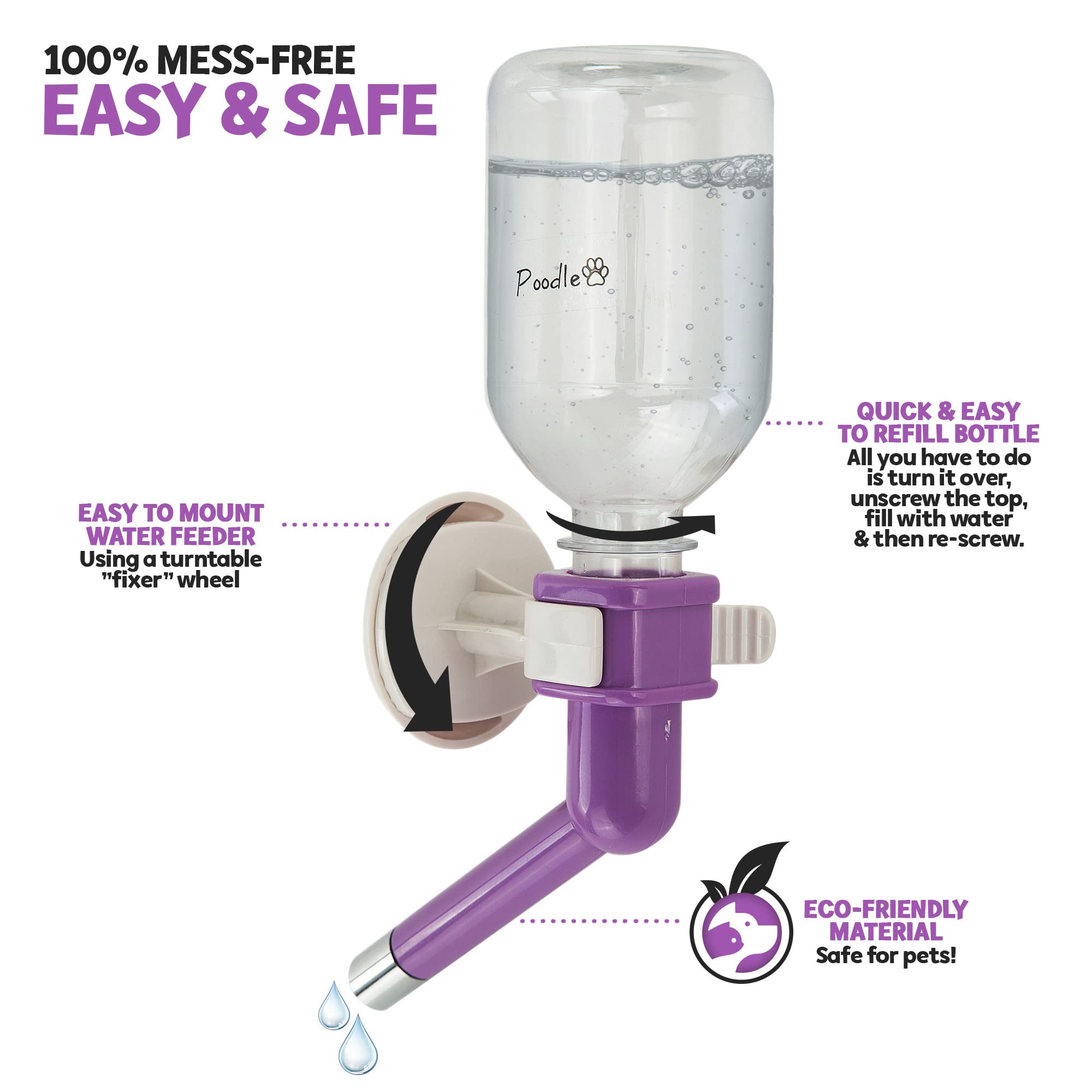 Poodle Pet Water Feeder Bottle Container Dispenser For Cage Or Kennel – Gravity Hydration Fountain With Spigot Spout For Dogs, Cats, Hamsters, Rabbits & Other Small Animals … (Crate Water Bottle)