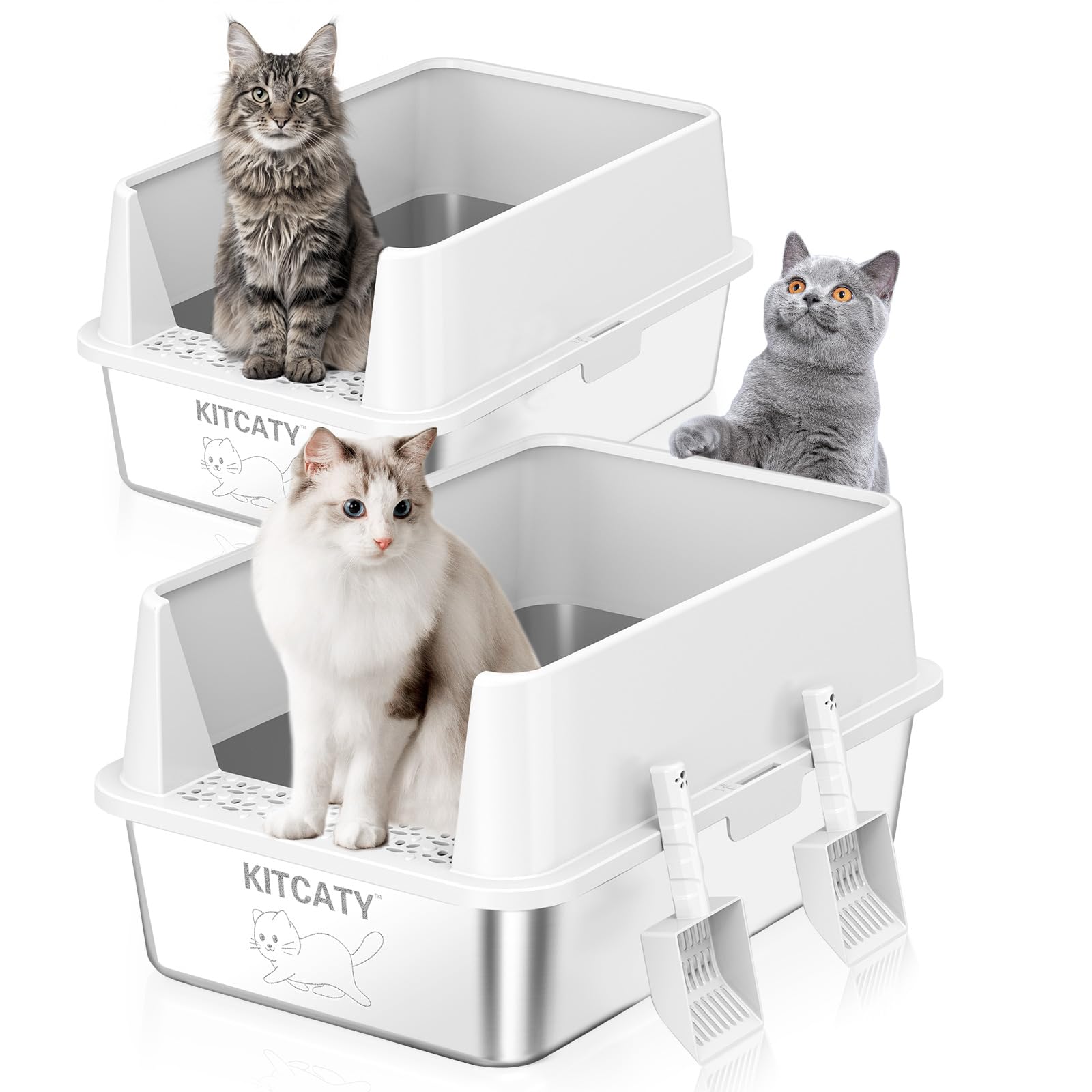 2Pack Stainless Steel Litter Box, Metal Litter Boxes With Lid High Sides, Xl Extra Large Litter Box For Big Cats, Never Absorbs 
