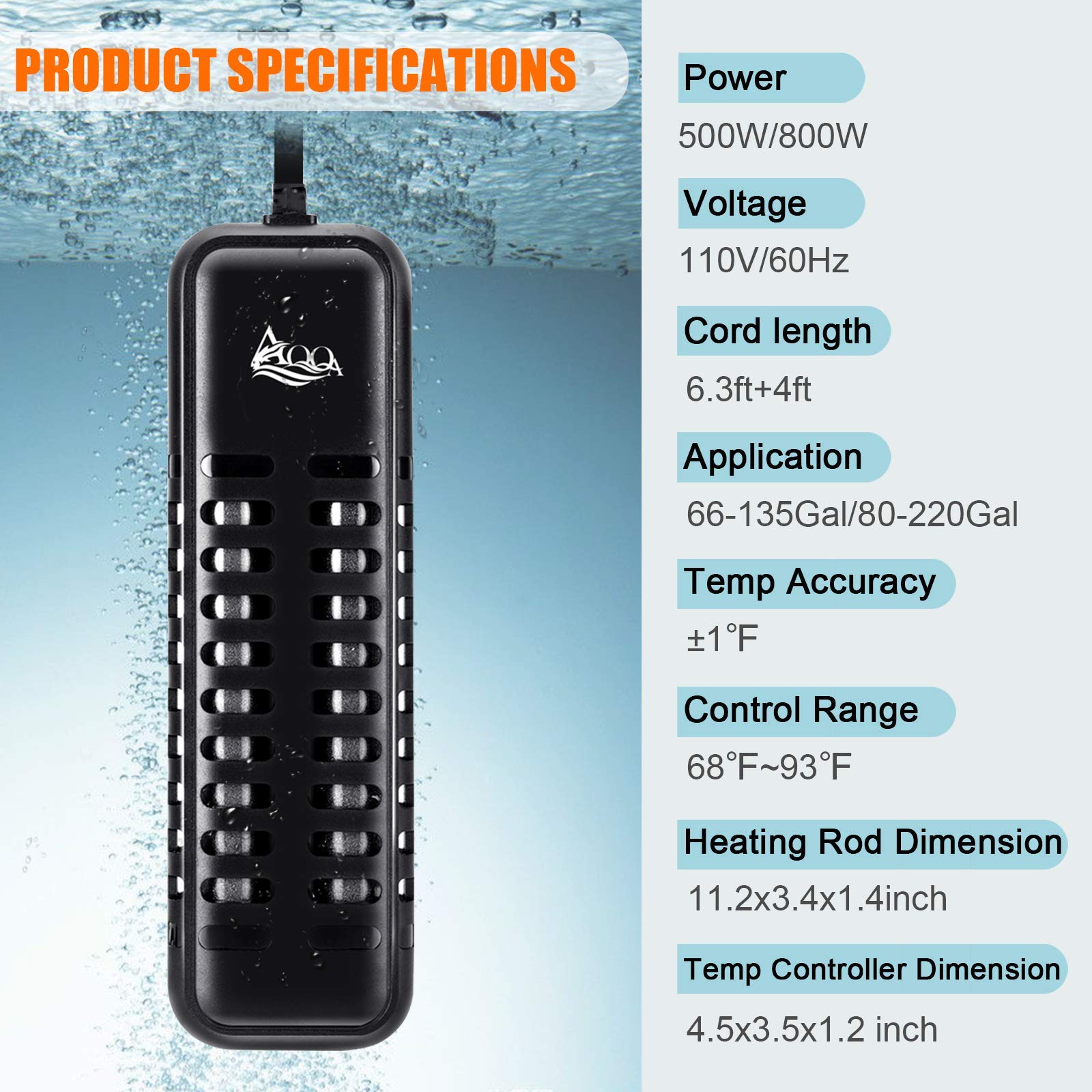 Aqqa Aquarium Heater 800W For 80-220 Gallon Fish Tank Heater Submersible Betta Fish Heater For Aquarium Thermostat Heater For Freshwater And Saltwater (800W For 80-220 Gal)