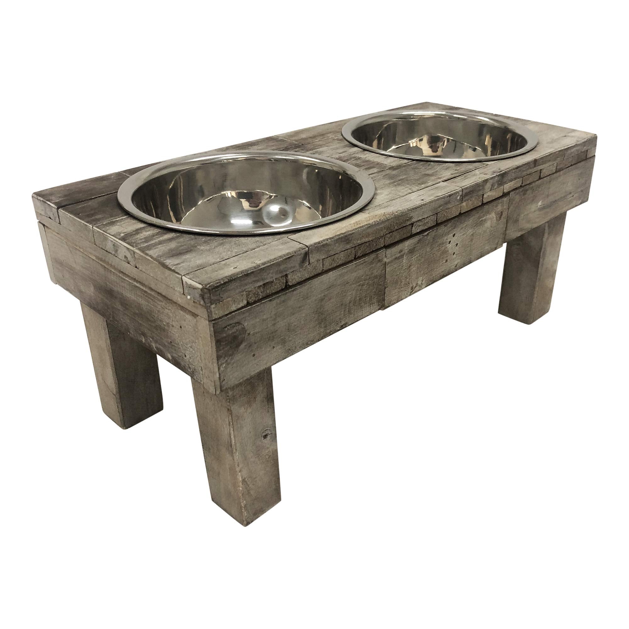 Huntley Equestrian Pet Berjen Table Elevated Double Bowl Pet Feeder, Brown Wash (Small), 2191