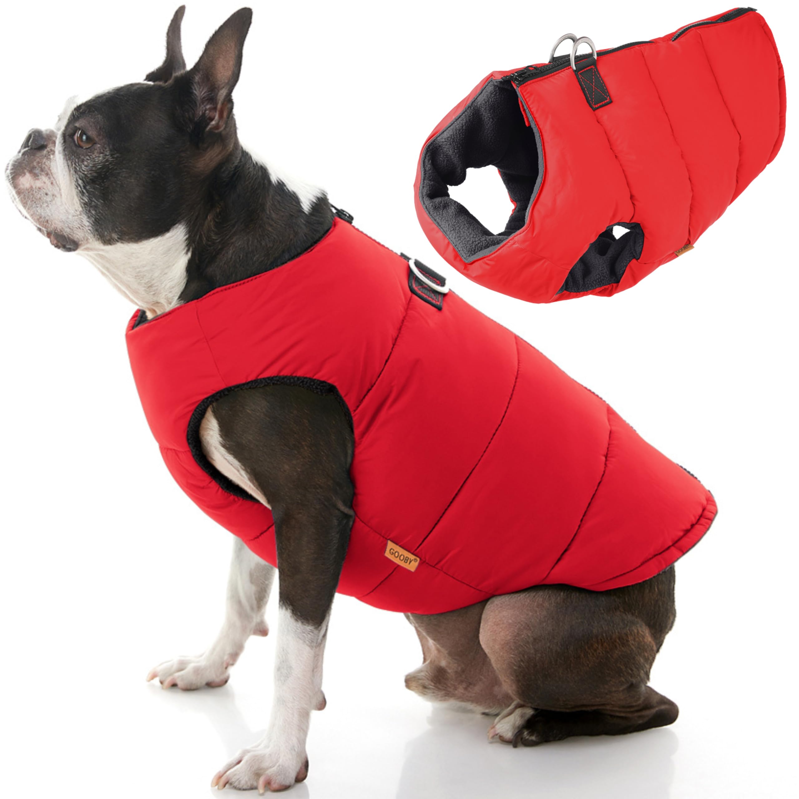 Gooby Padded Vest Dog Jacket - Solid Red, X-Small - Warm Zip Up Vest Fleece Jacket With Dual D Ring Leash - Water Resistant Swea