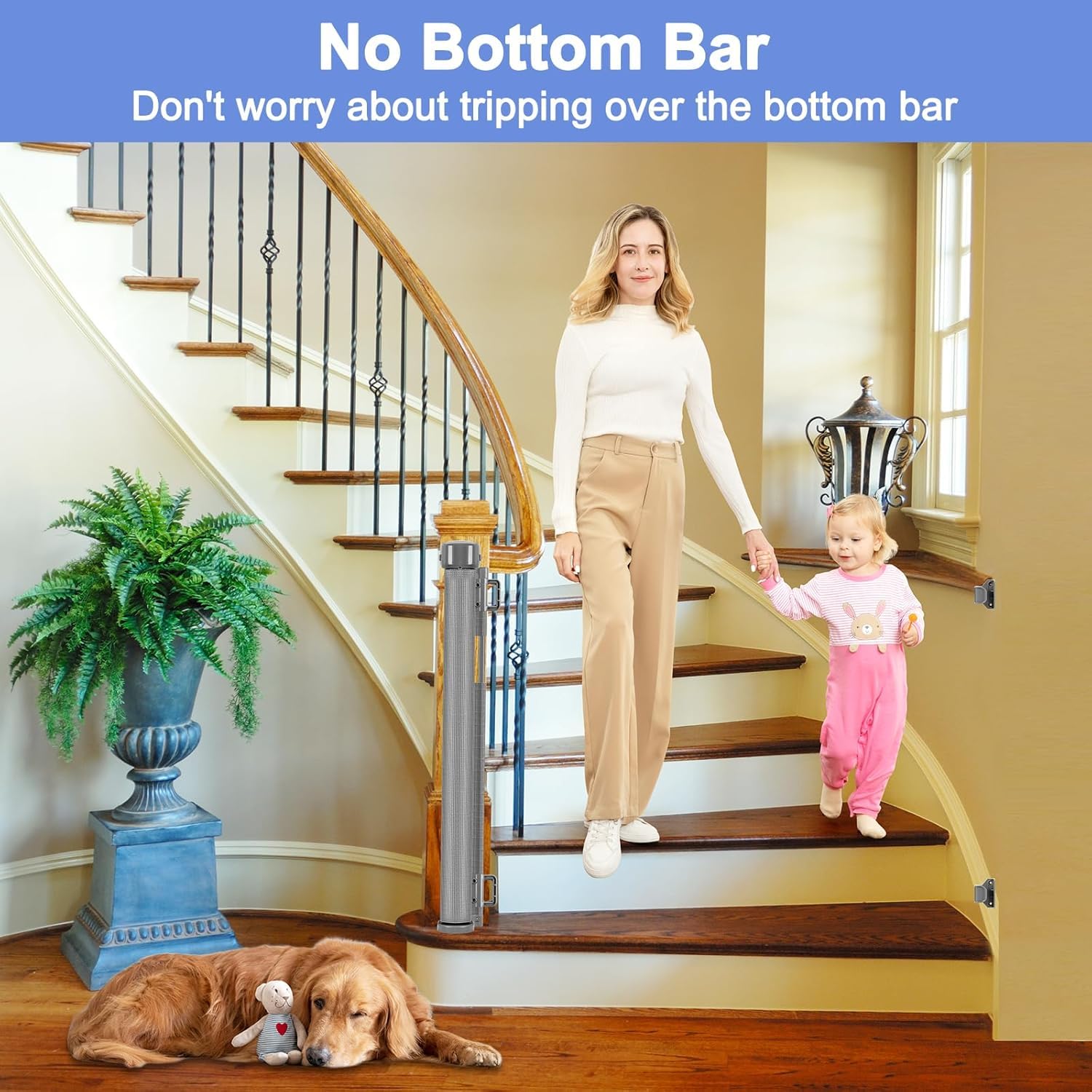 BETERTEK 80 Inch Extra Wide Retractable Dog Gate - Gray Reinforced Bottom Stair Gate for Dogs & Puppies, 33 Height, Outdoor Use