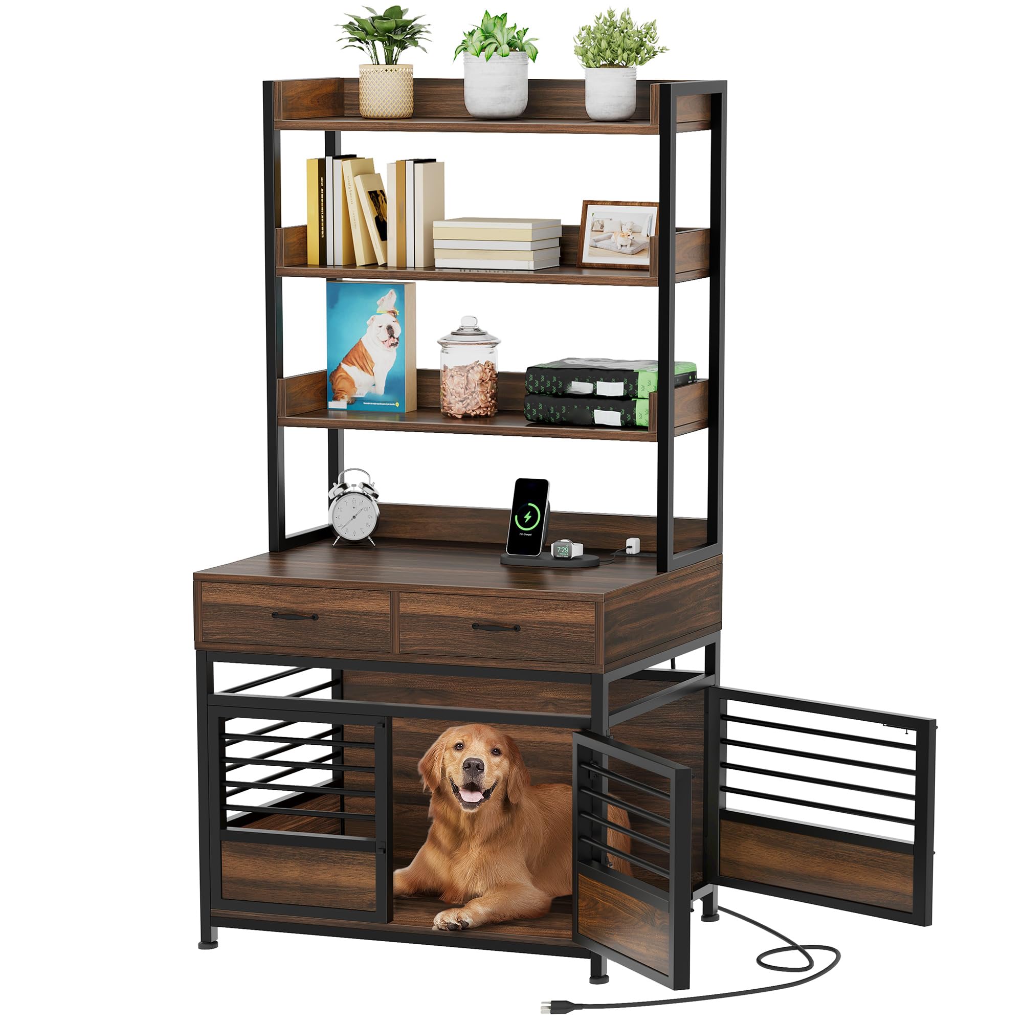 DWVO Dog Crate Furniture with Storage Shelves, Heavy Duty Dog Crate with Drawers & Charging Station, 39 Inch Dog Kennel Indoor F
