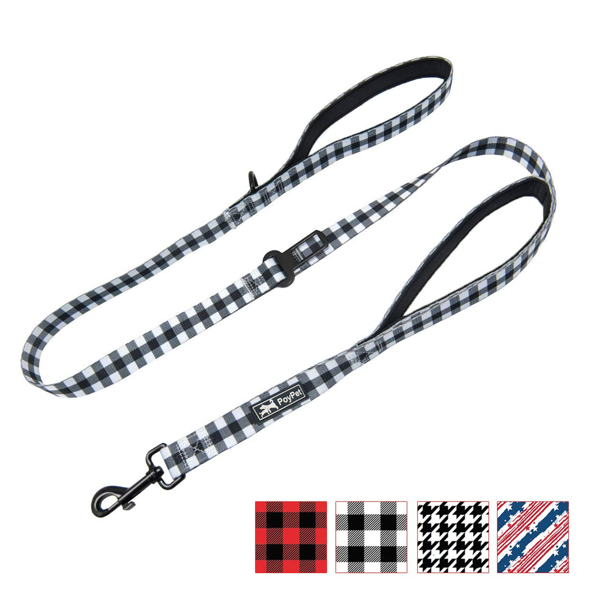 Poypet 5 Feet Dog Leash - 2 Cushioned Handles - Functional Car Seat Belt (Grid, L)