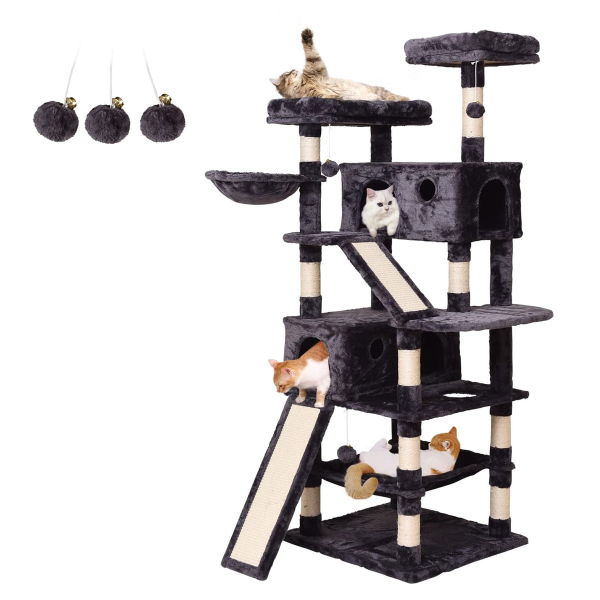 Mq Cat Tree Cat Tower 70.1 In, Multi Level Cat Scratching Post With Condos, Ladders, Basket, Hammock & Plush Perches For Kittens