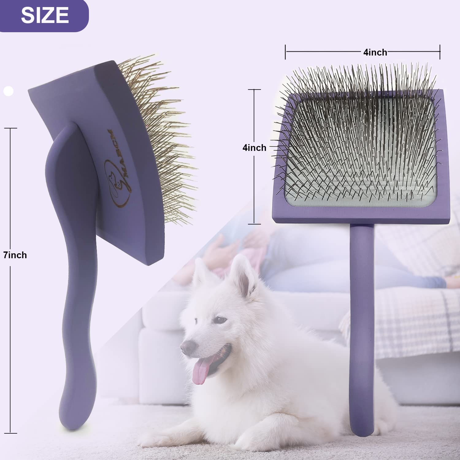 Slicker Ergonomic Wooden-Handle Long-Pin Brush For Poodles, Goldendoodles & Other Long-Haired Dogs (Purple)