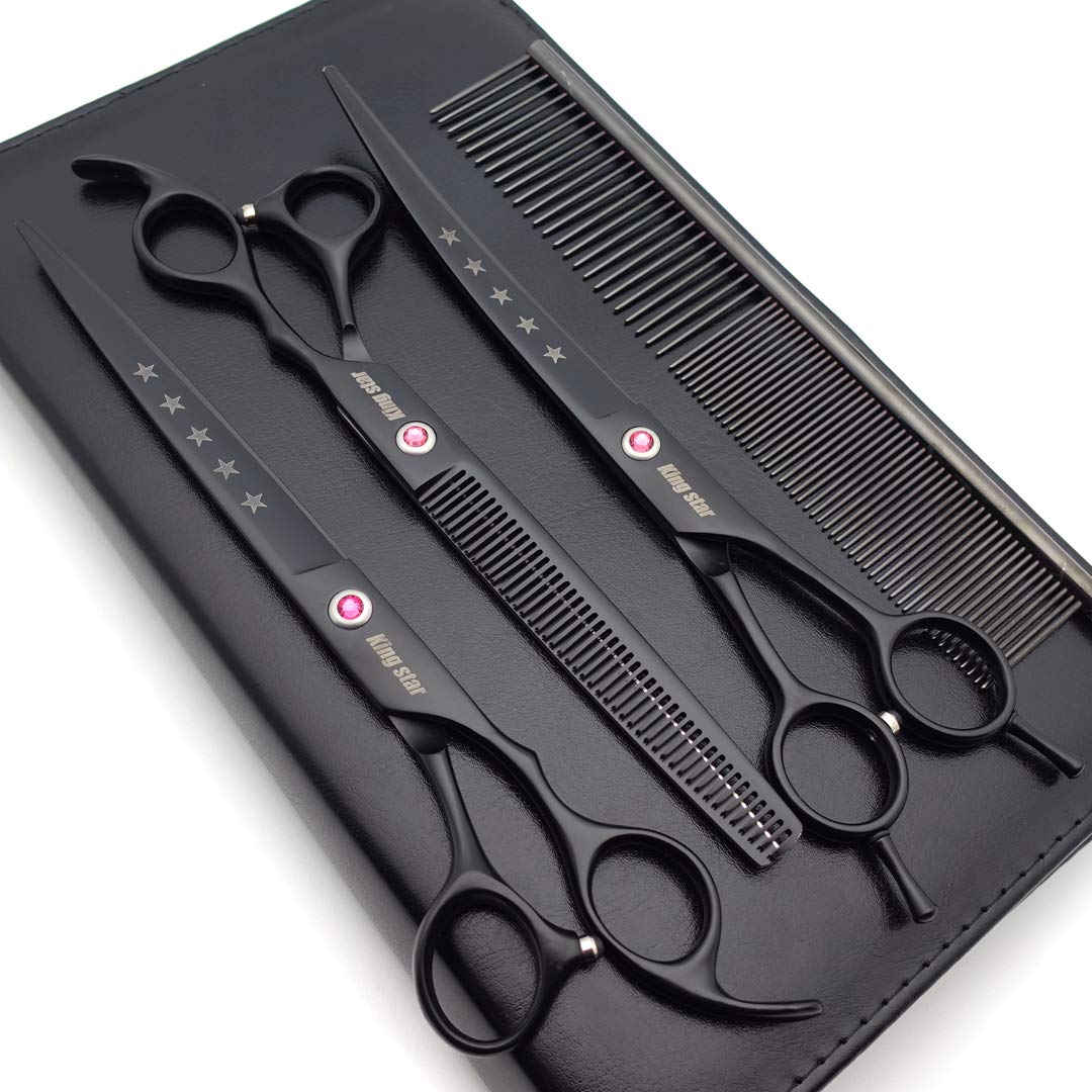 Kingstar 8.0In. Matt Black Professional Pet Grooming Scissors Set,Straight & Thinning & Curved Scissors Set With Comb,Dog Grooming,A559