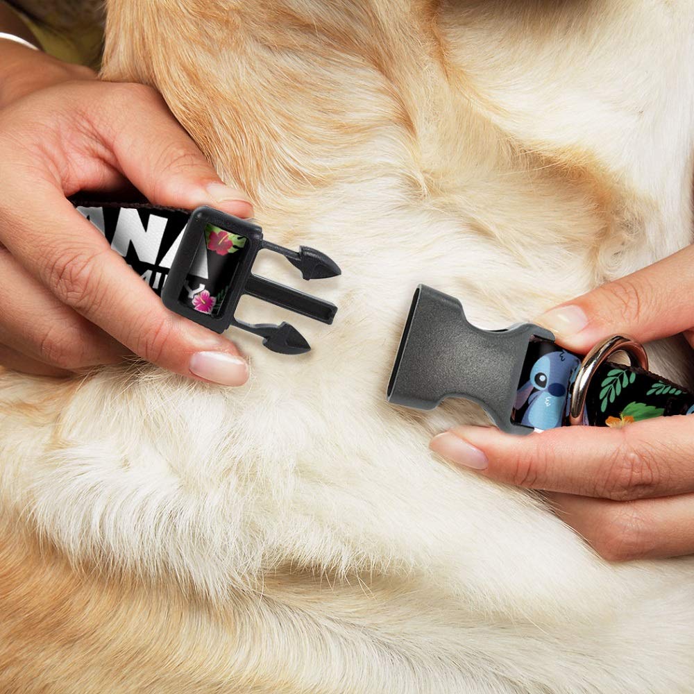 Buckle-Down Plastic Clip Collar - Ohana Means Family/Stitch & Scrump Poses/Tropical Flora Black/White/Multi Color - 1' Wide - Fits 9-15' Neck - Small