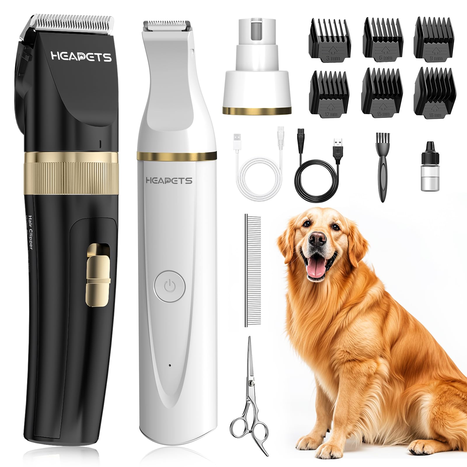 Heapets Dog Hair Clippers For Grooming Kit And Dog Paw Trimmer Nail Grinder For Grooming, Low Noise Rechargeable Cordless, Shave